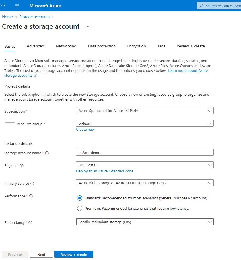 Azure portal Create Storage Account form with fields for resource group and instance details