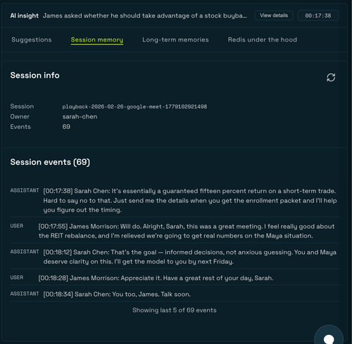 Session memory tab showing live events during transcript playback