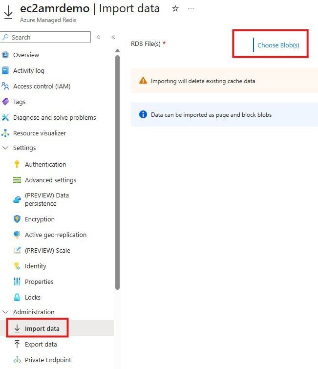 Azure Managed Redis Administration panel with the Import Data option selected