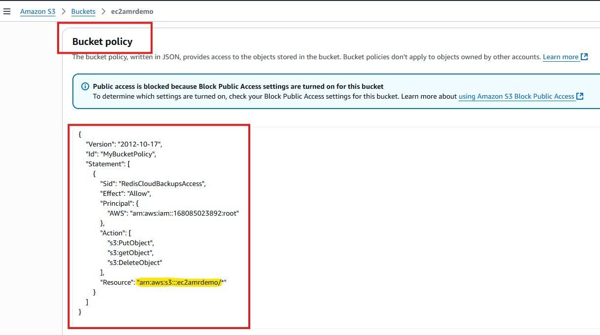S3 bucket policy editor with the JSON policy granting Redis Cloud backup access