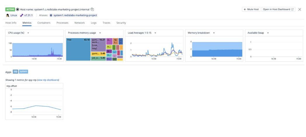 Datadog dashboard showing system metrics like CPU and Memory for the first host