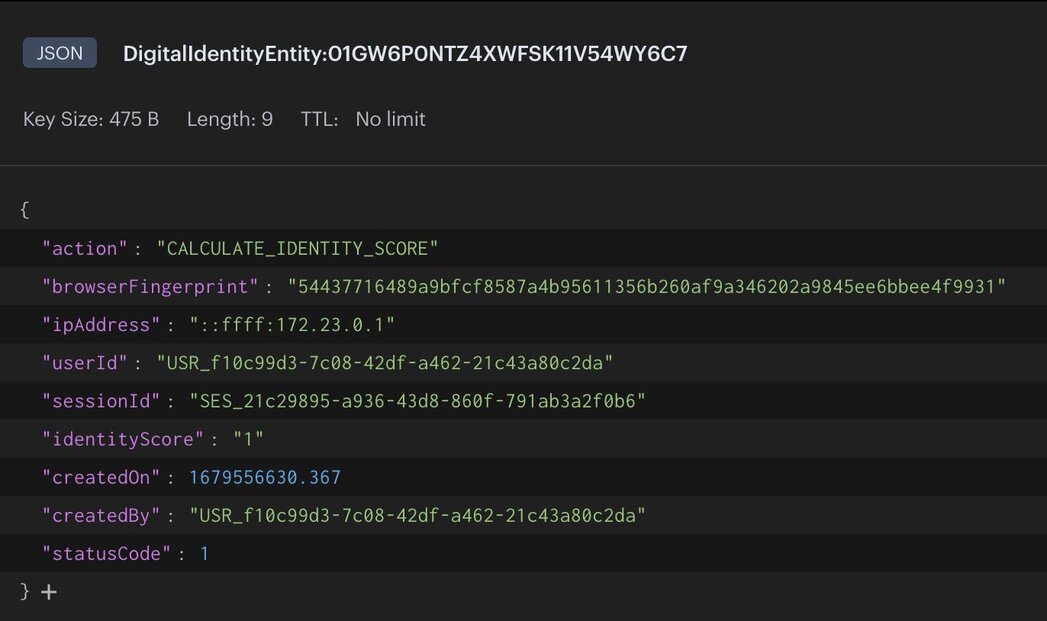 Digital identity service comparing device fingerprints against stored login identities and saving the calculated risk score as JSON in Redis