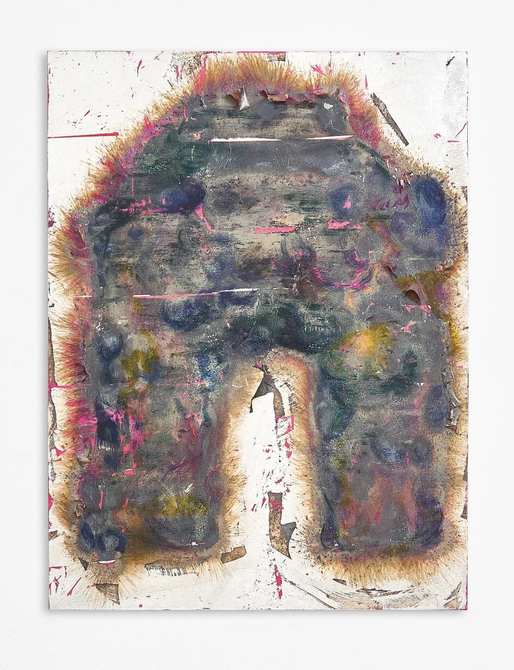 Photograph of the artwork stone telling, 2020, silver leaf and sulphur on shellac, 60×40 cm