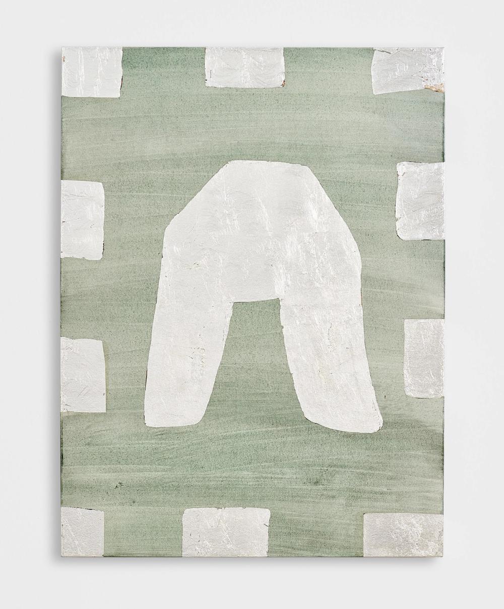 Photograph of the artwork stone telling, 2020, silver leaf and sulphur on shellac, 60×40 cm