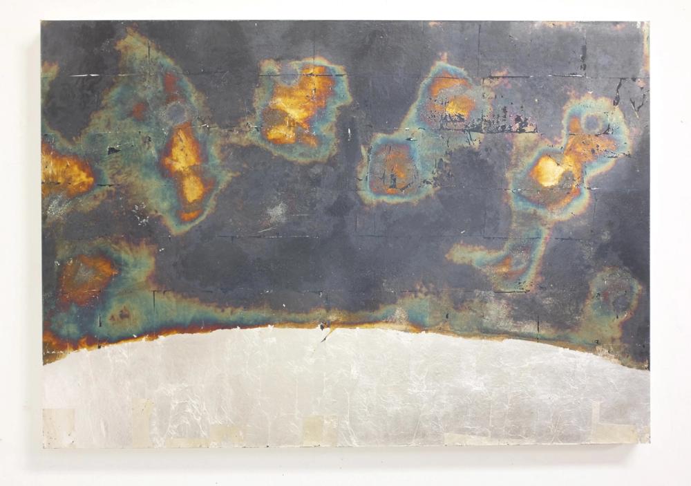 Photograph of the artwork super fluid cluster, 2022, silver leaf on wood, 100x70 cm