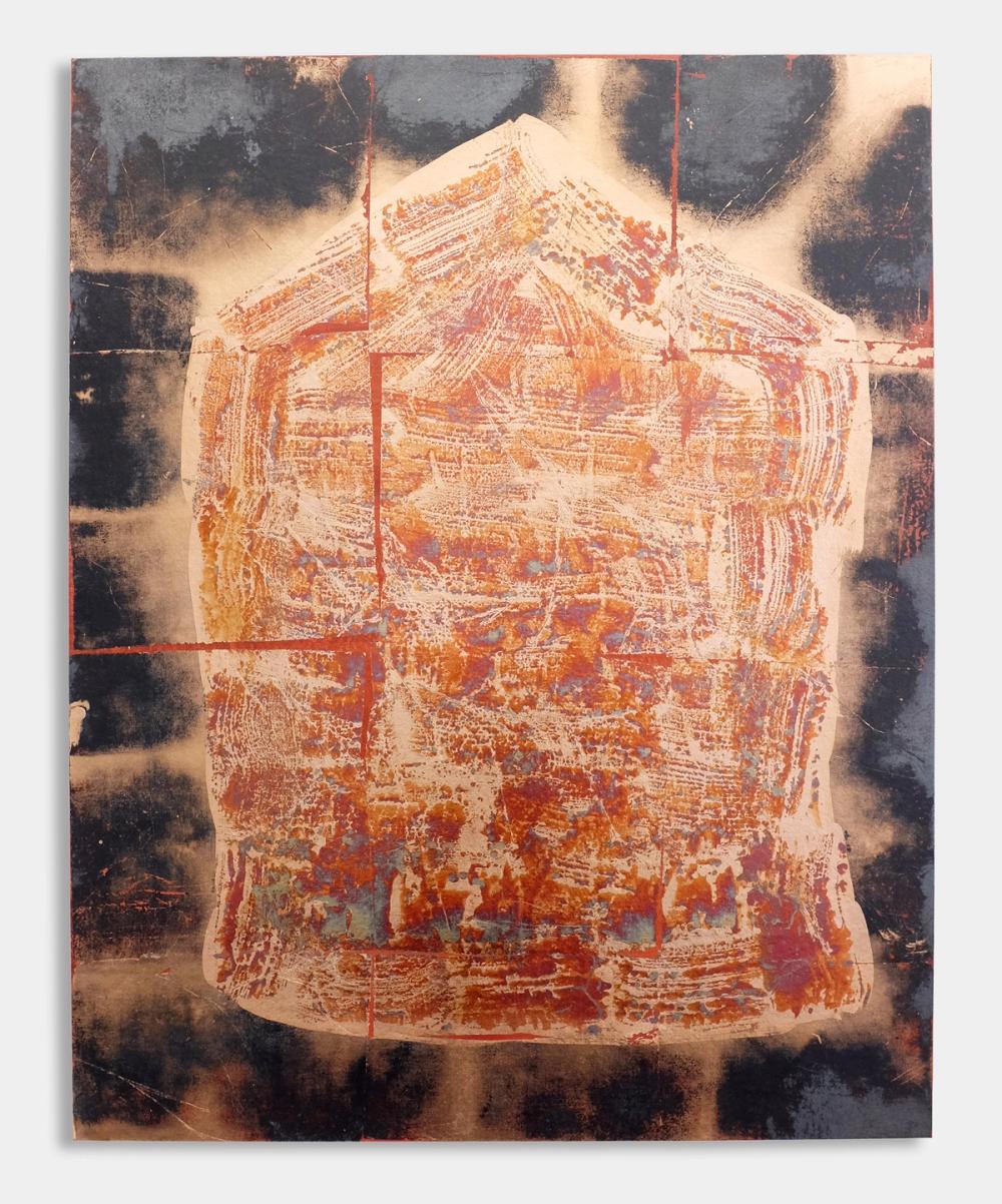 Photograph of the artwork Luftschloss (5), 2018, copper leaf and sulphur on wood, 50×40 cm