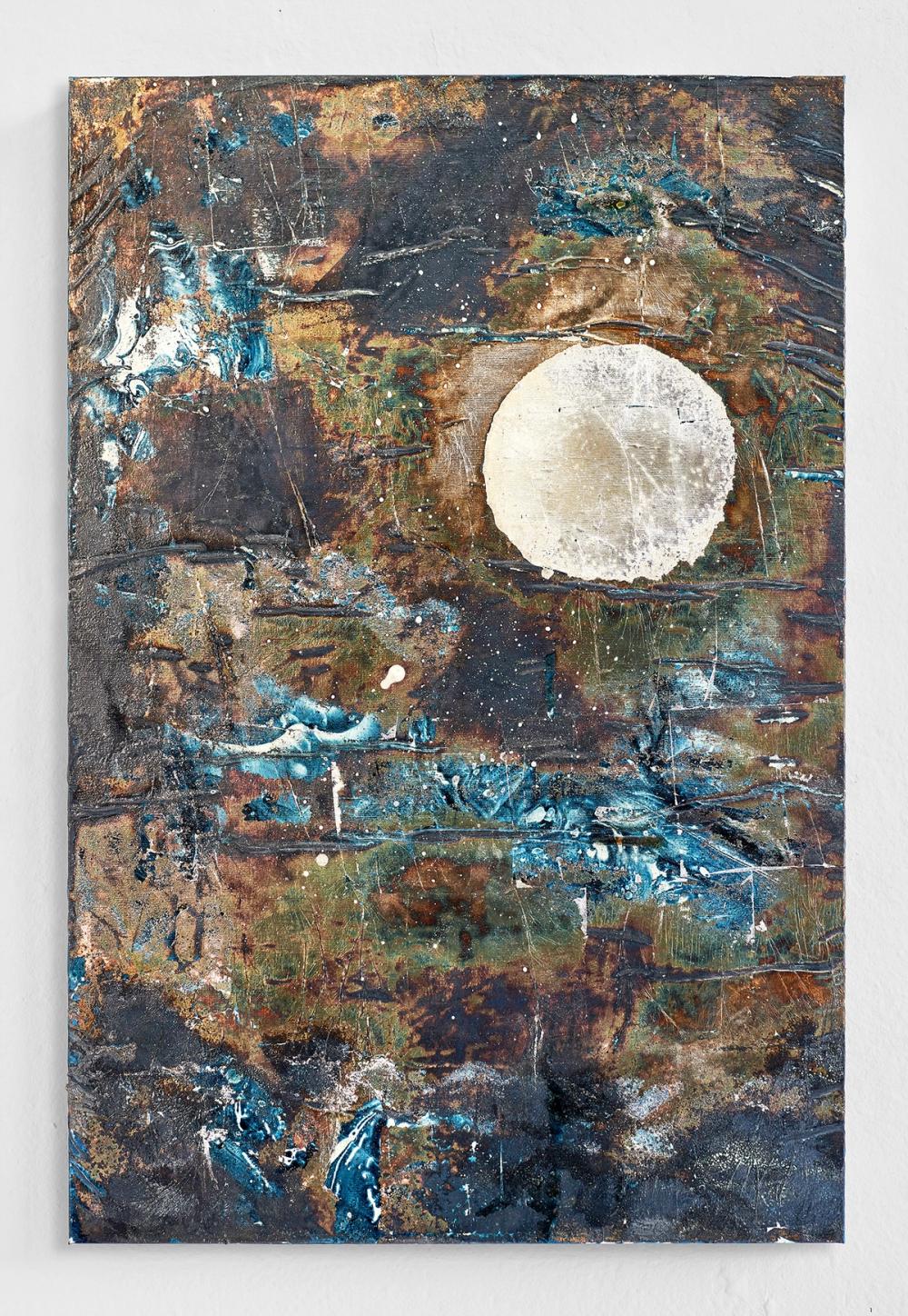 Photograph of the artwork atlas lights (1), 2021, silver leaf and shellac on Venetian paper, 60×40 cm