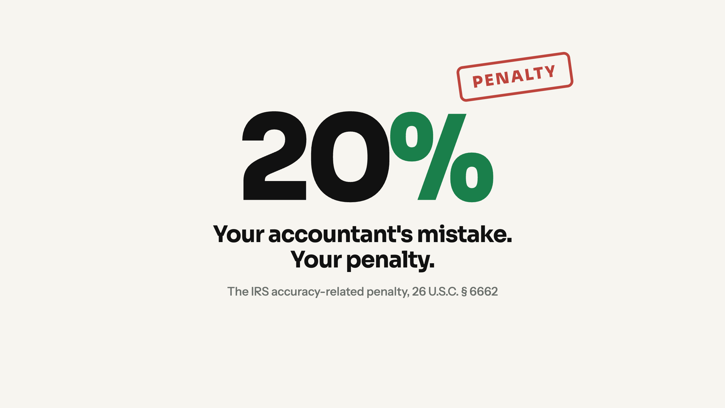 20%: the IRS accuracy-related penalty. Your accountant's mistake, your penalty.