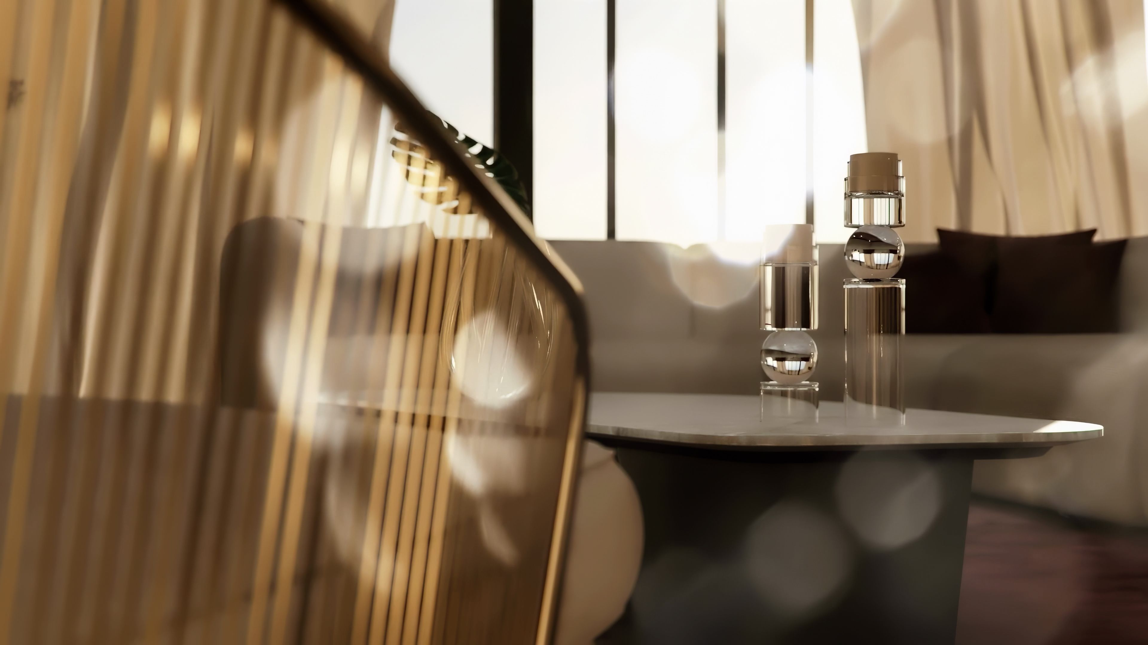 a kitchen with a black and white painting on the wall