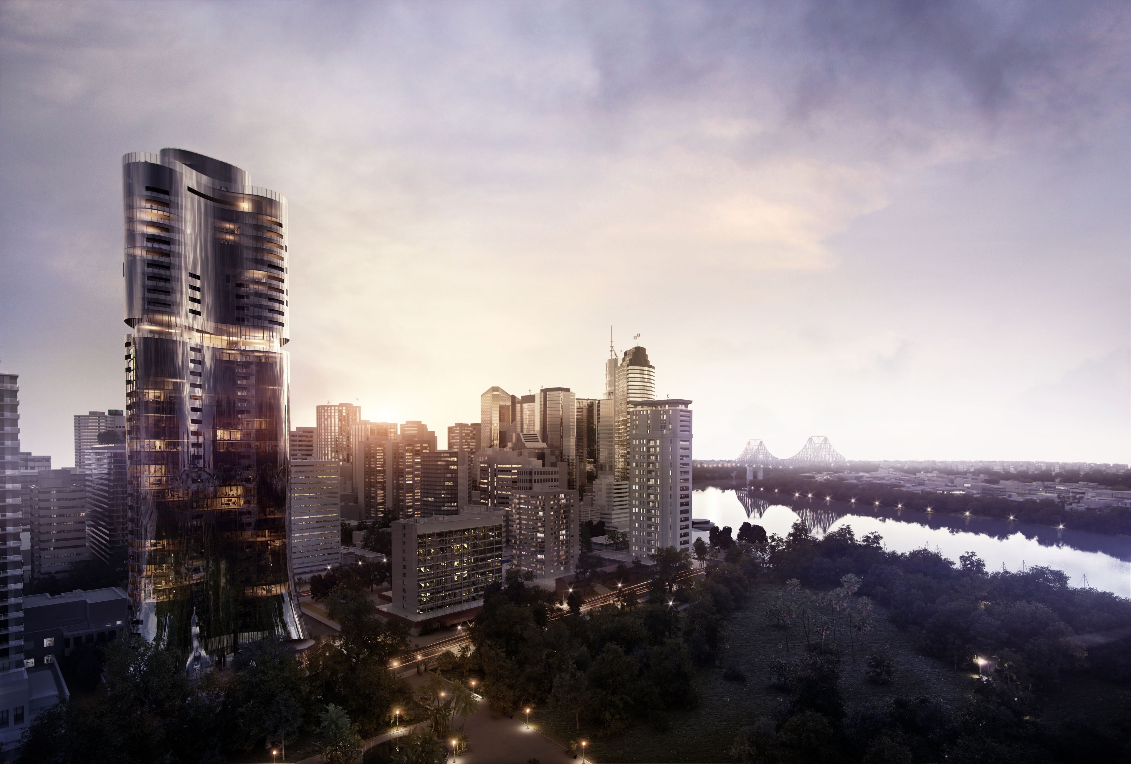 an artist 's impression of a city skyline with a river in the foreground .