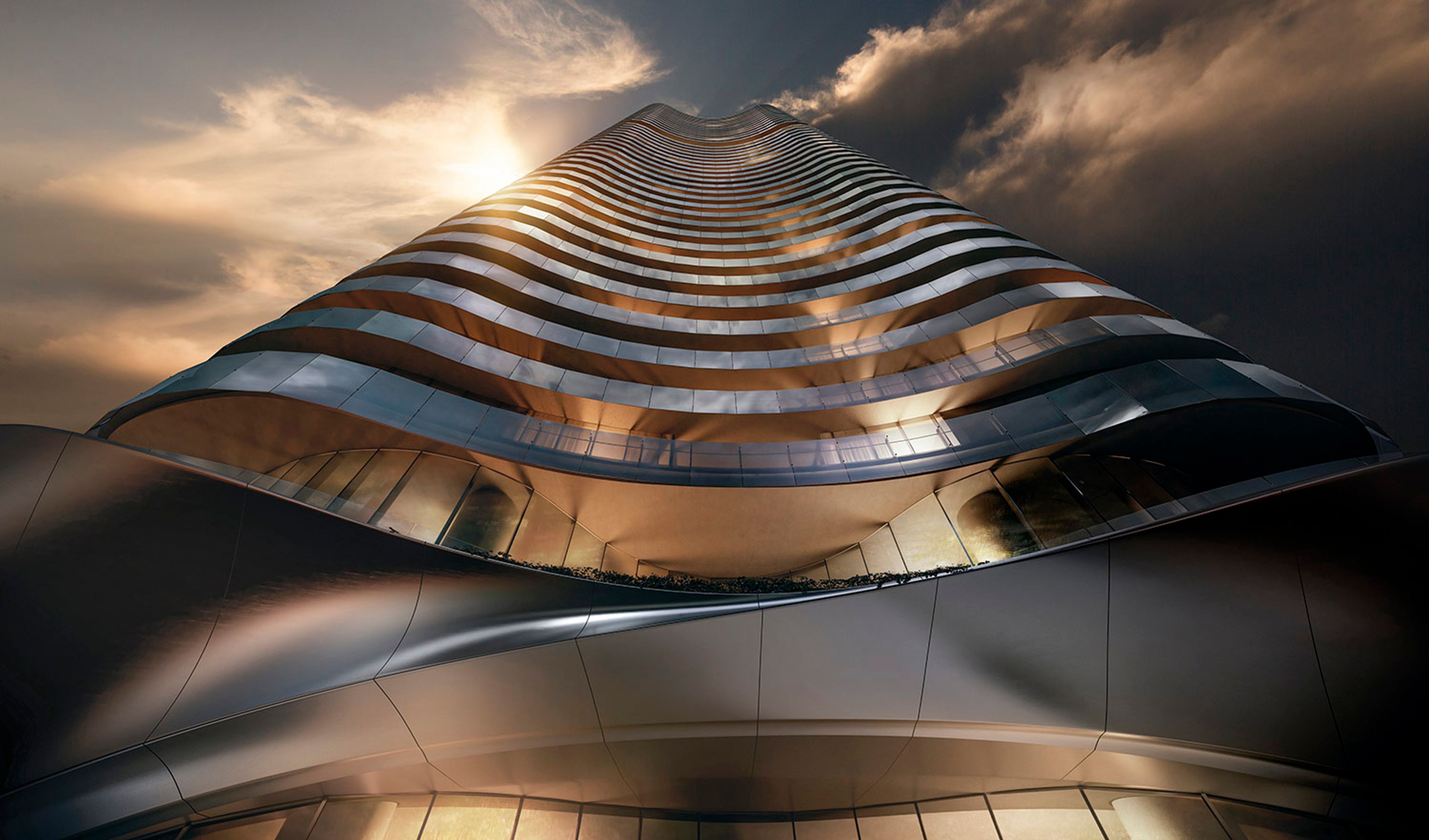 an artist 's impression of a tall building with a curved facade .