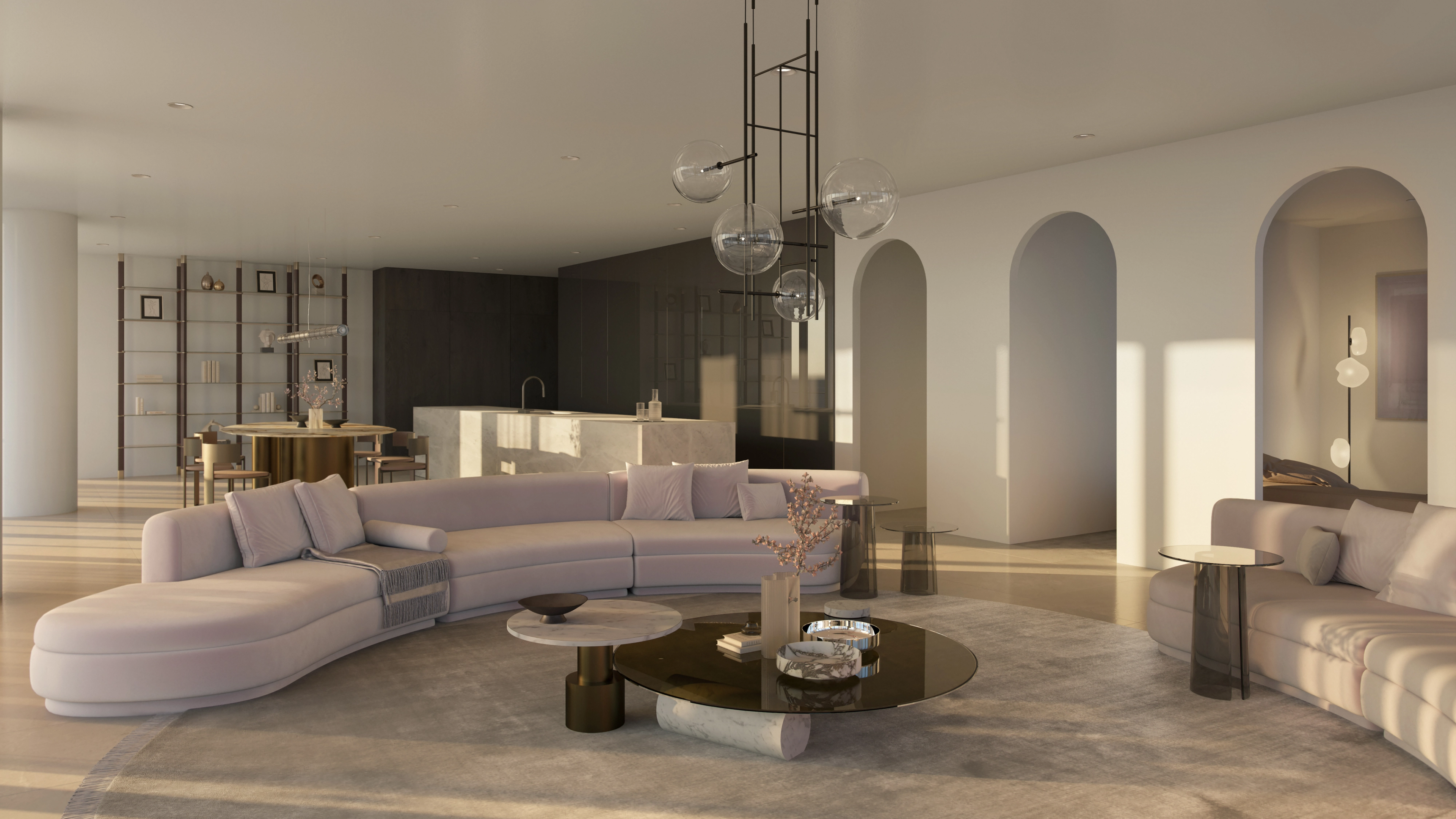 a kitchen with a black and white painting on the wall