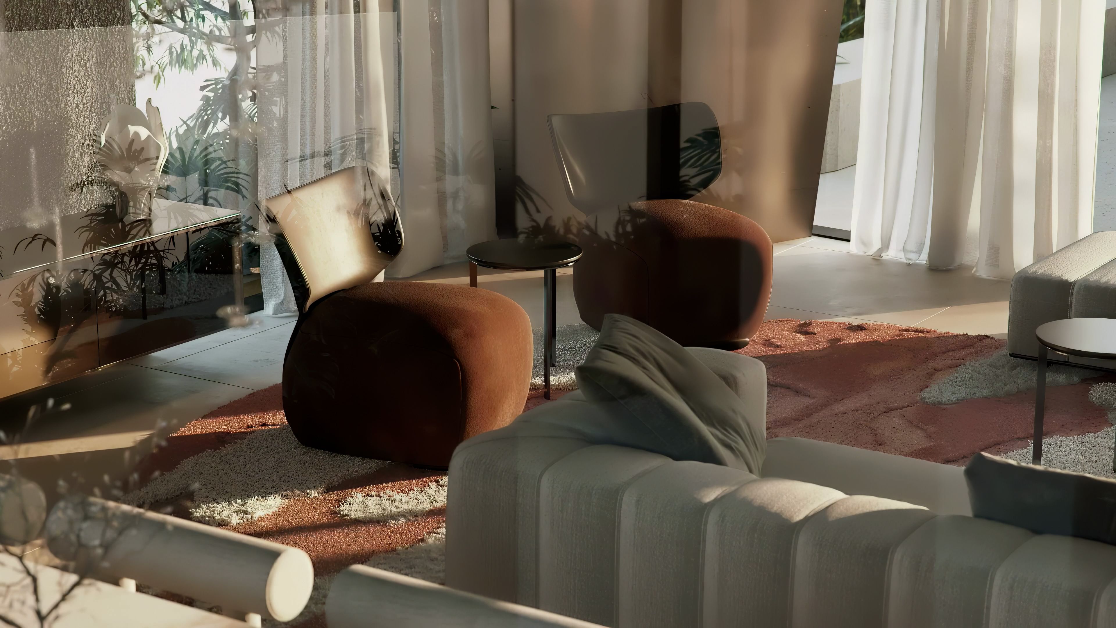 a kitchen with a black and white painting on the wall