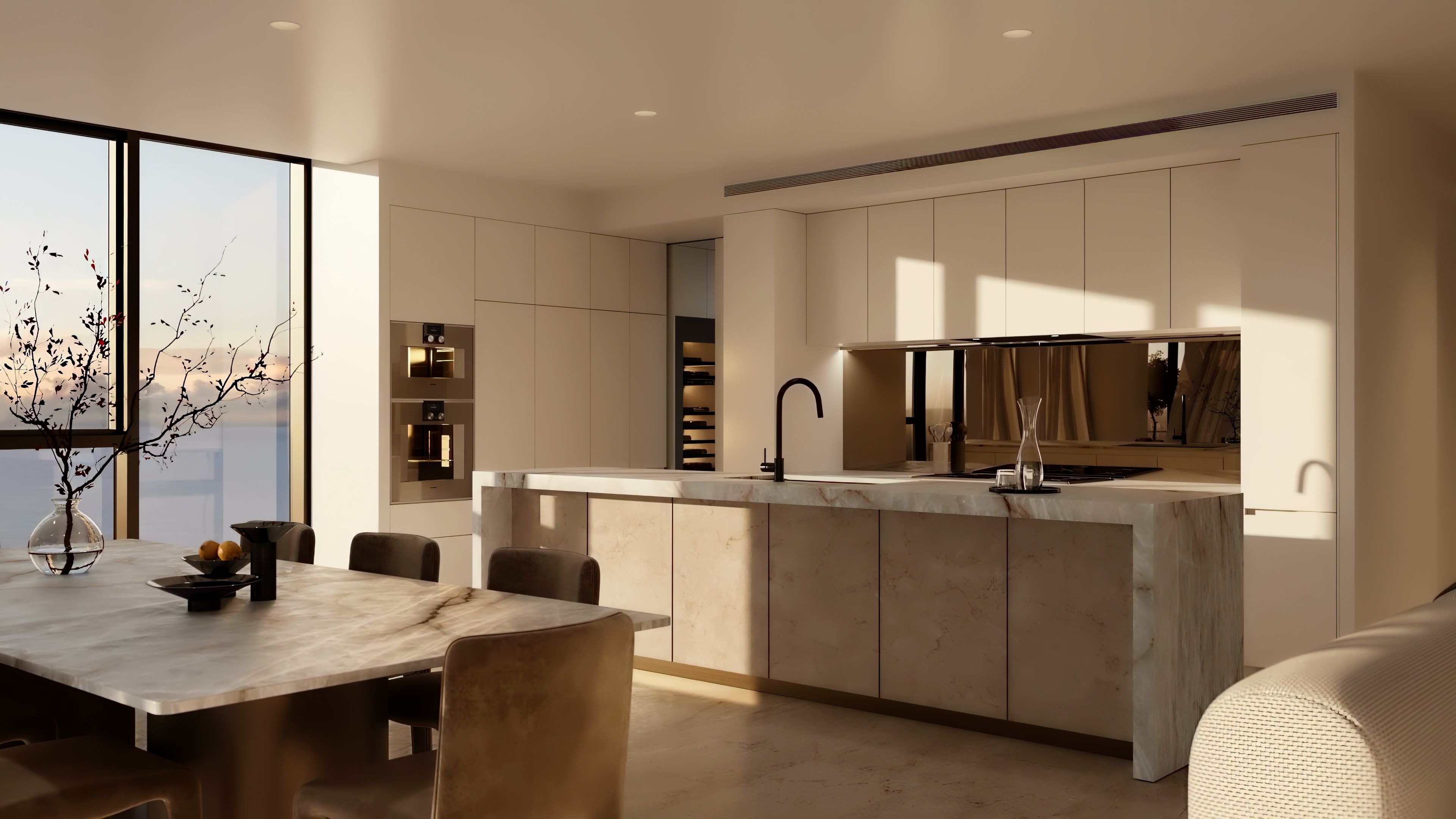 a bedroom with a bed , chair , mirror and large windows .