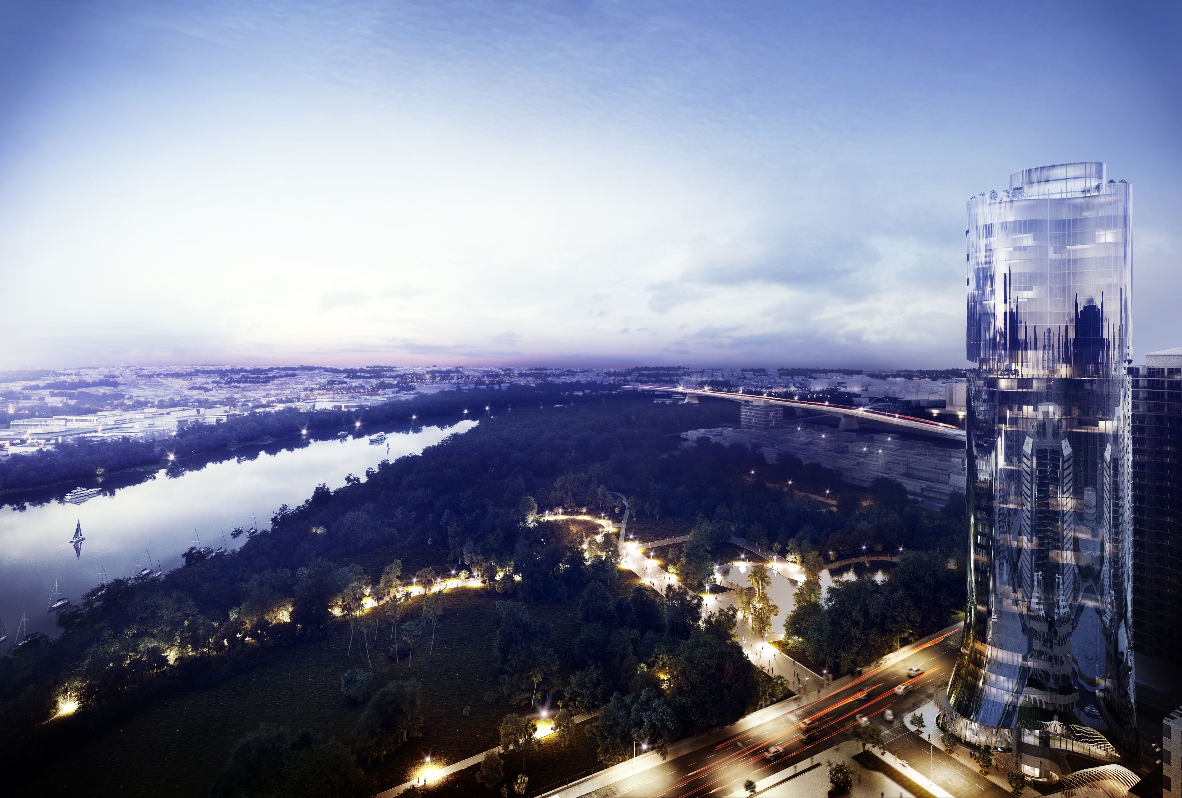 an artist 's impression of a tall building next to a river .