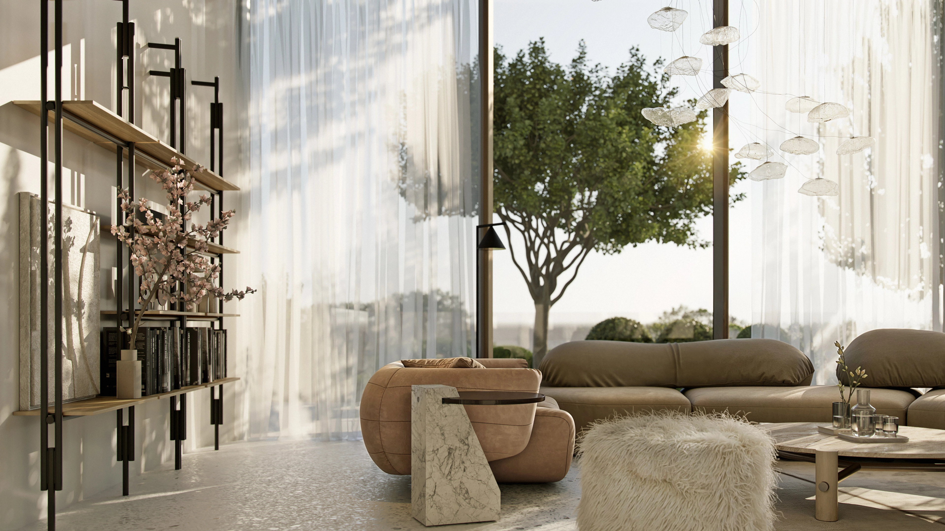 a kitchen with a black and white painting on the wall