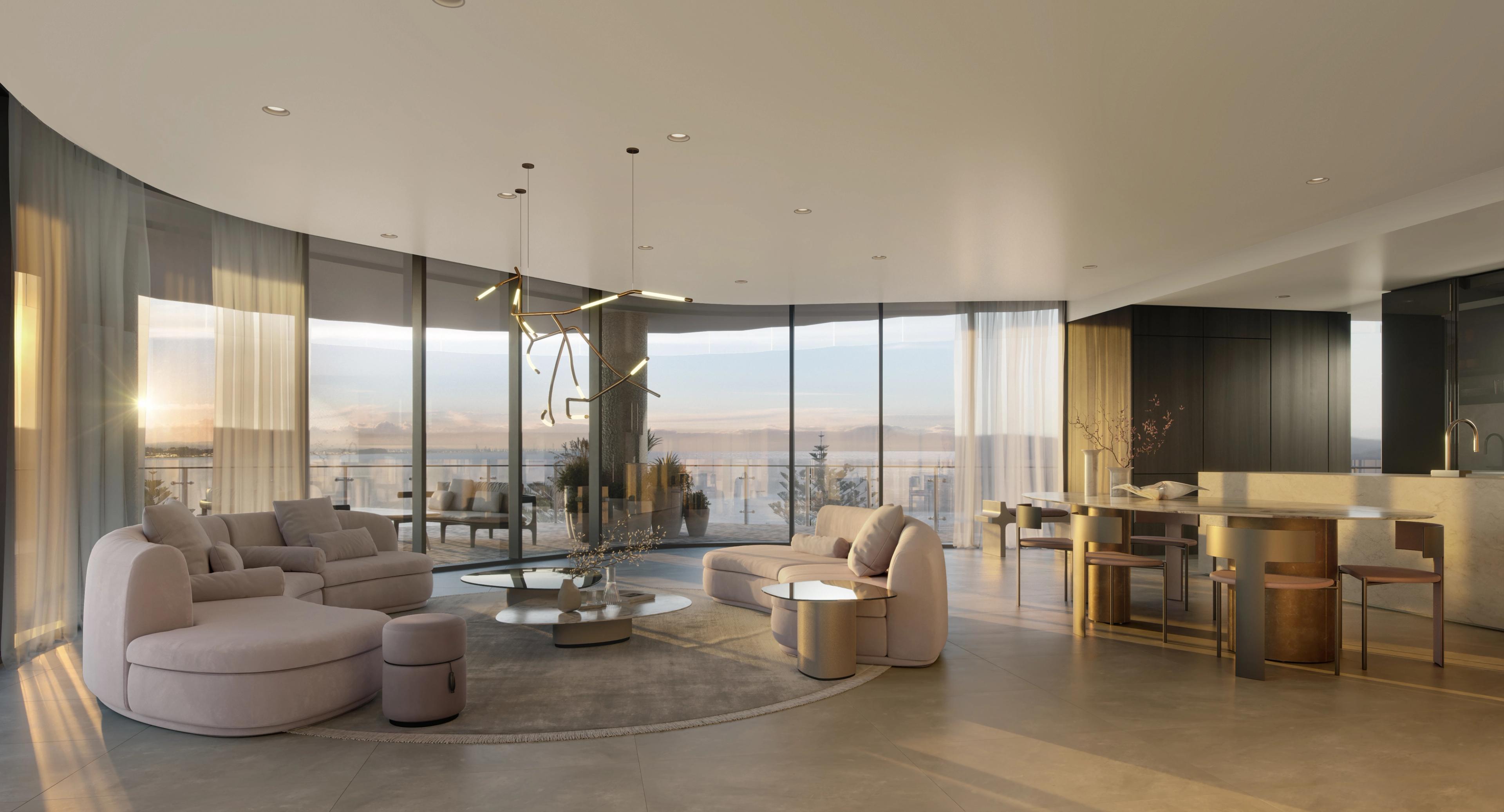 a bedroom with a bed , chair , mirror and large windows .