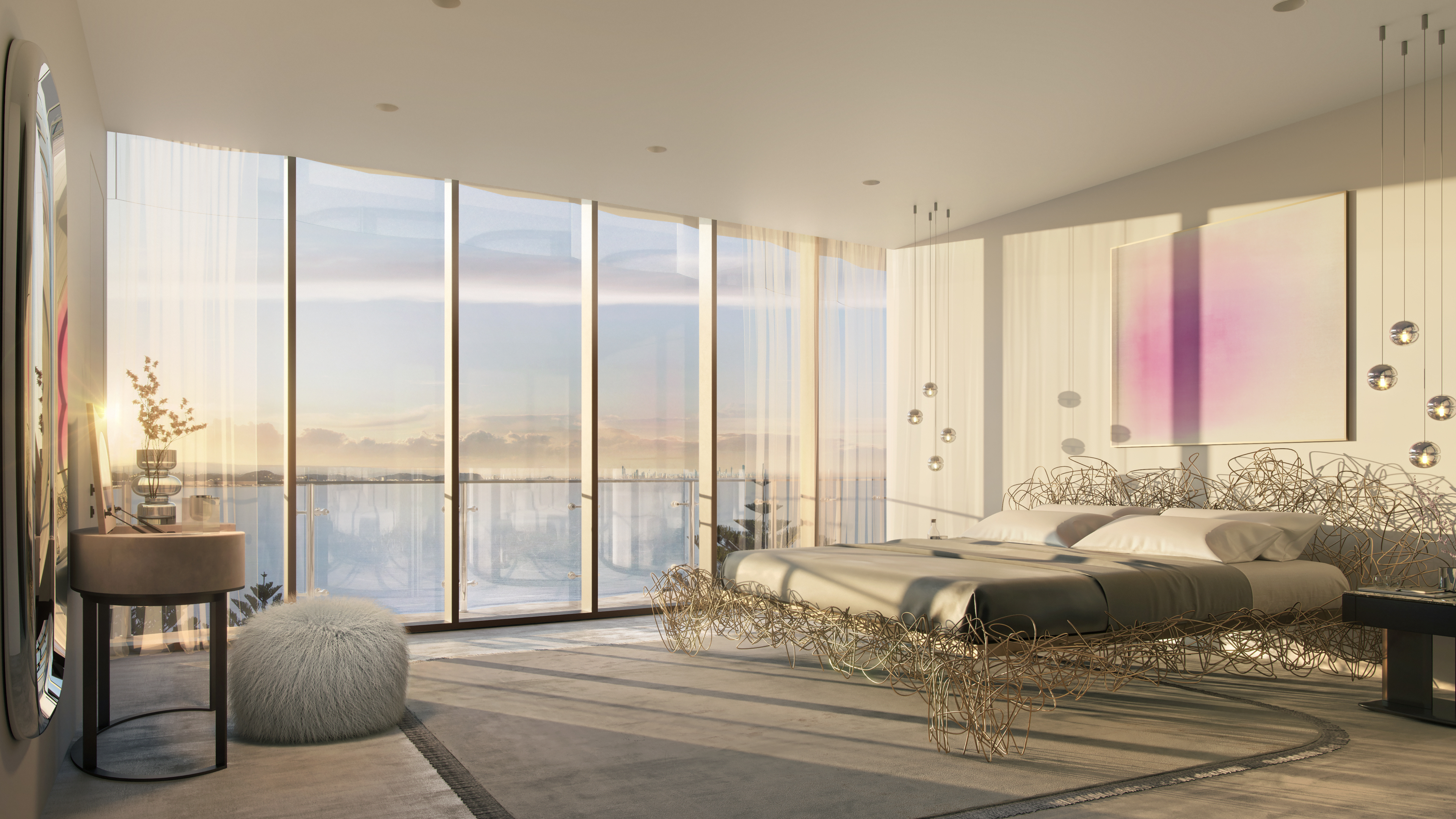 a bedroom with a bed , chair , mirror and large windows .