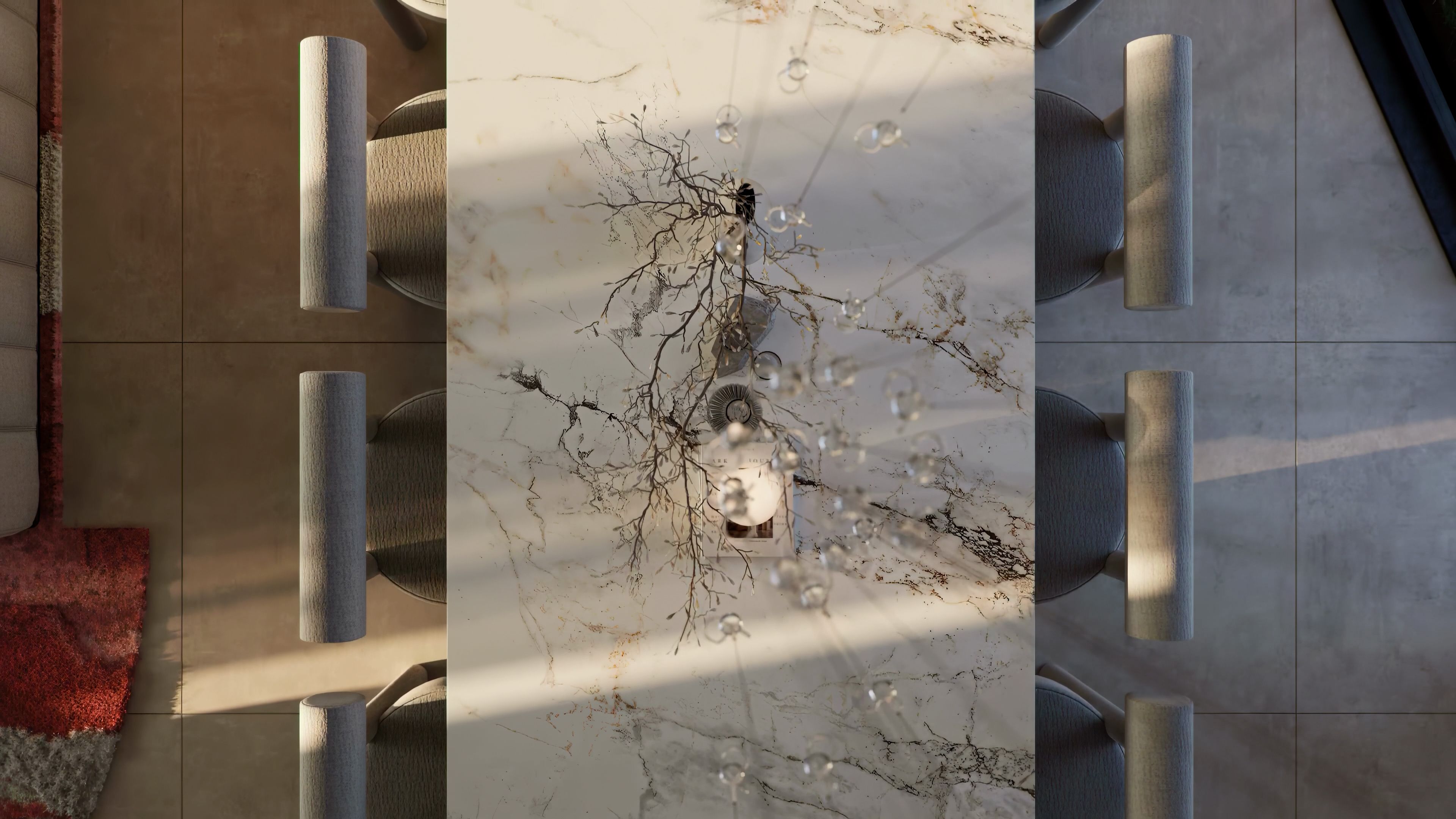 a kitchen with a black and white painting on the wall