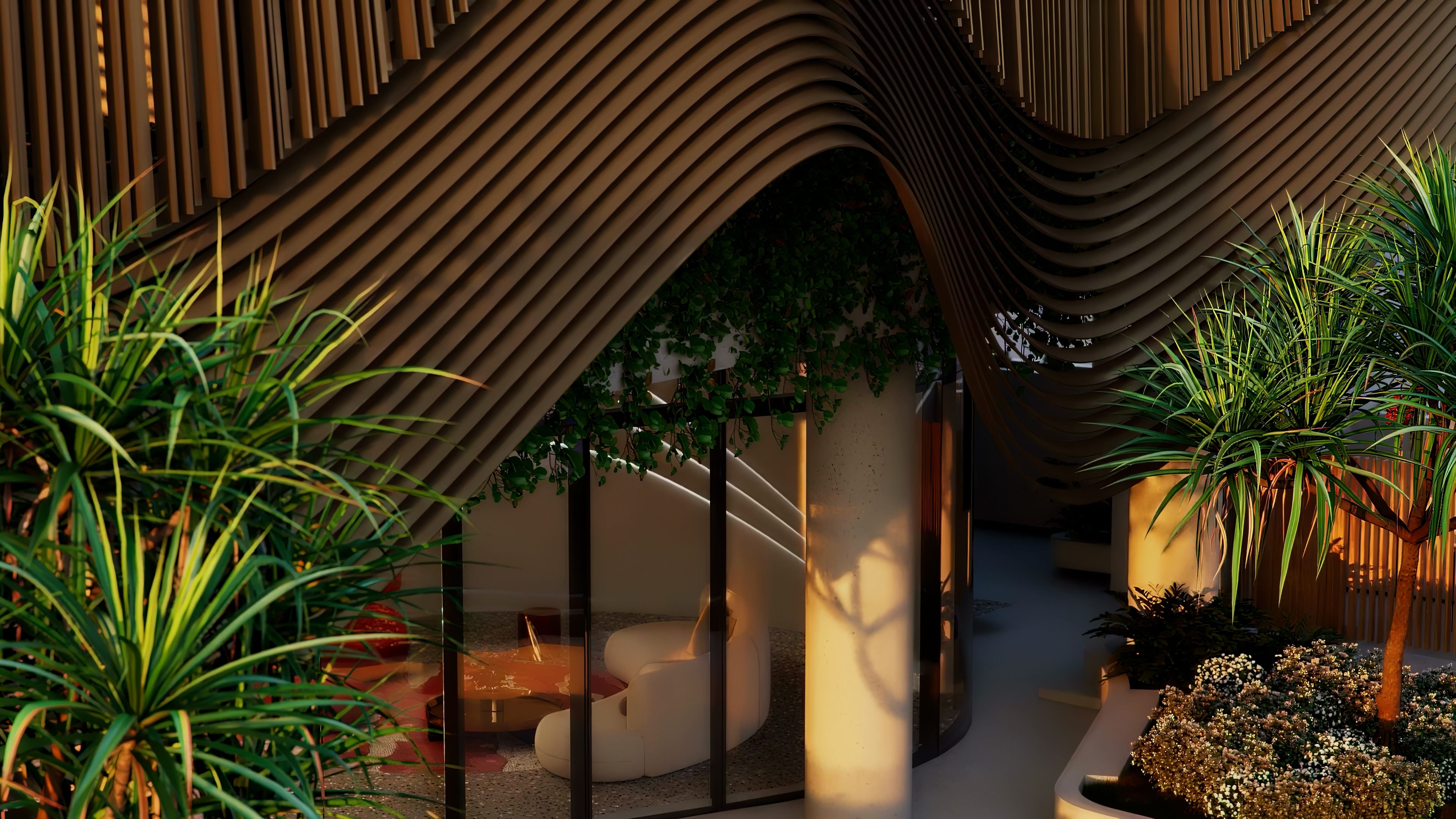 a tall building with a lot of windows is surrounded by trees .