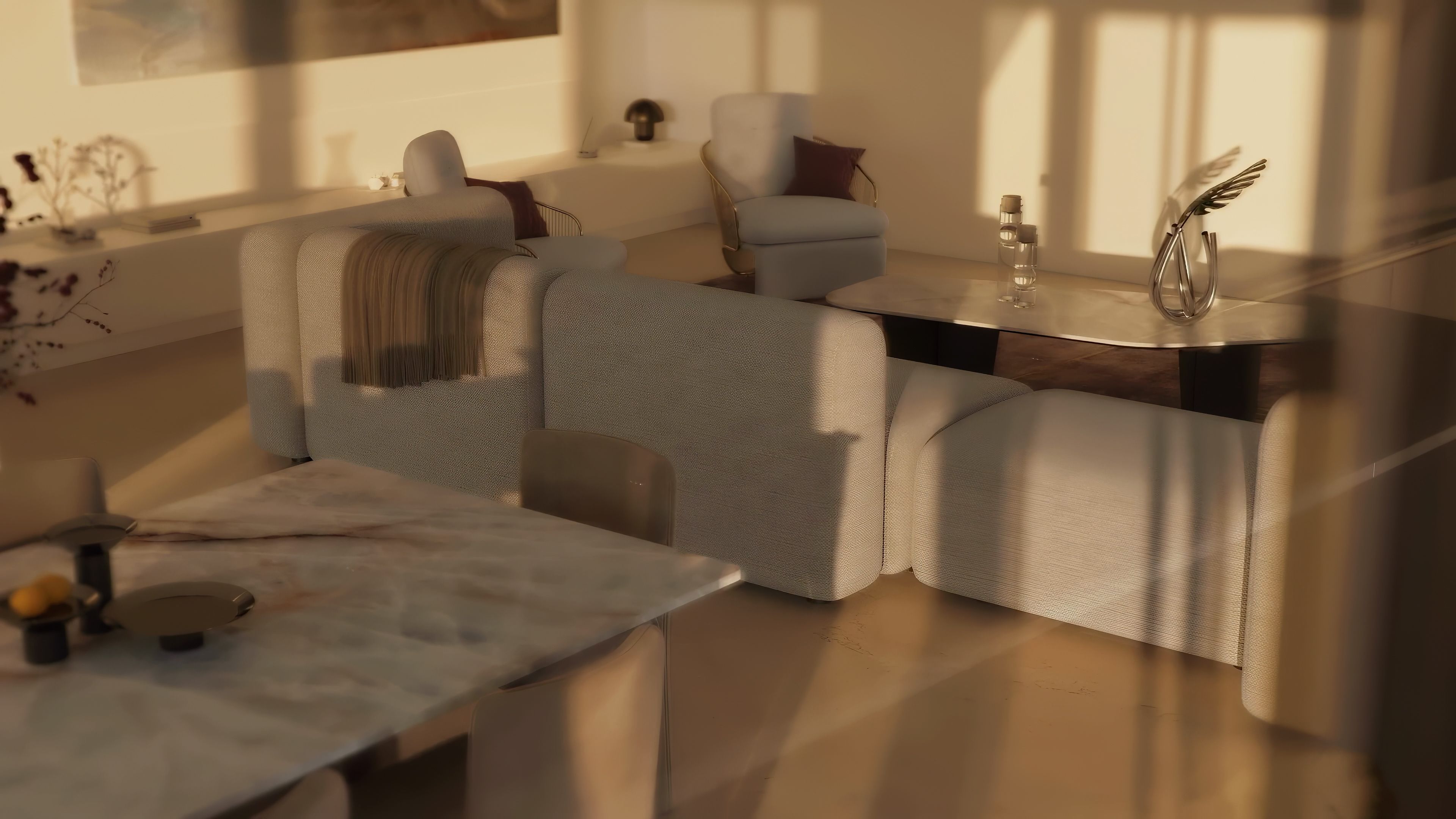 a bedroom with a bed , chair , mirror and large windows .