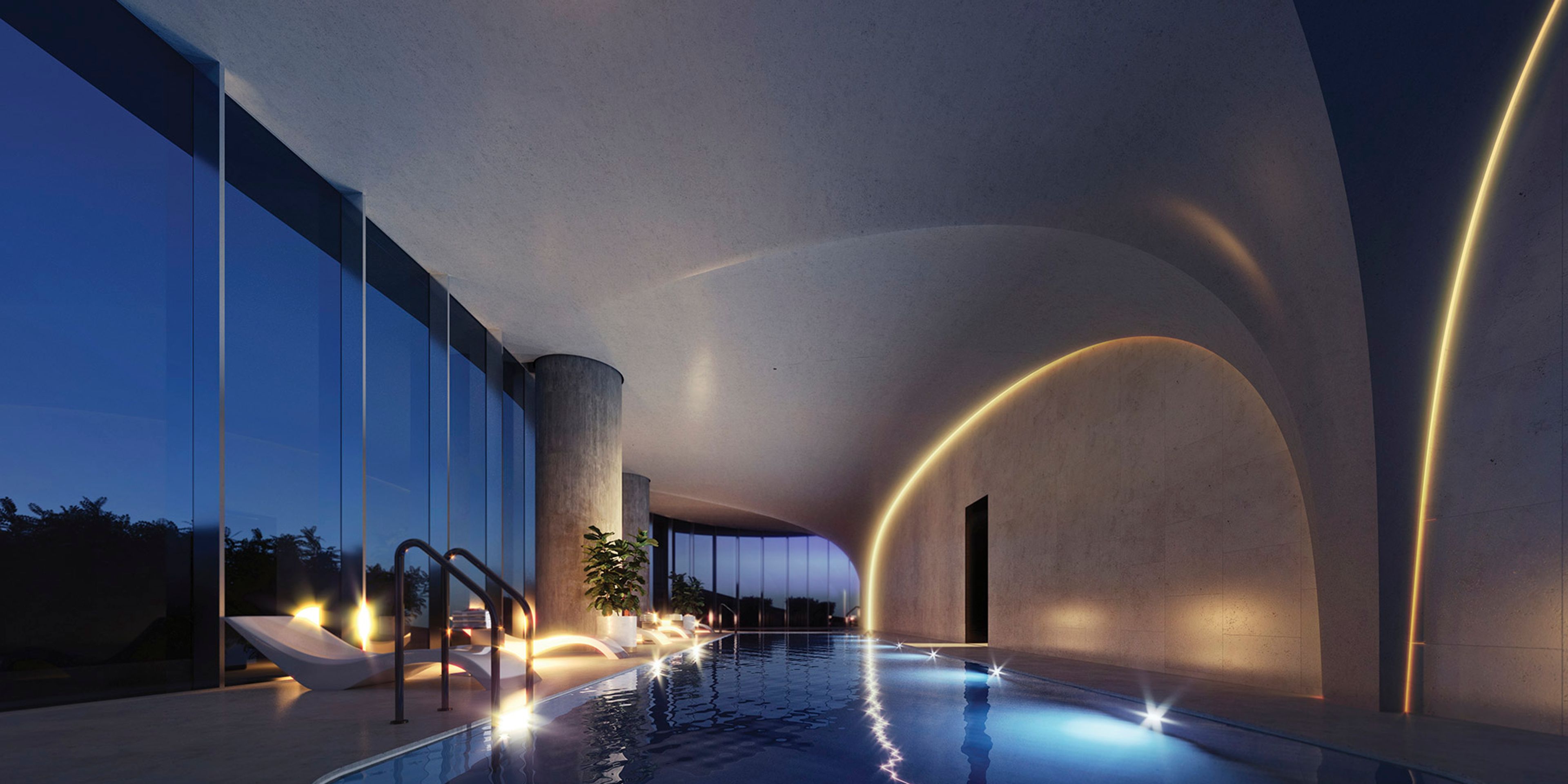 an artist 's impression of an indoor swimming pool at night .