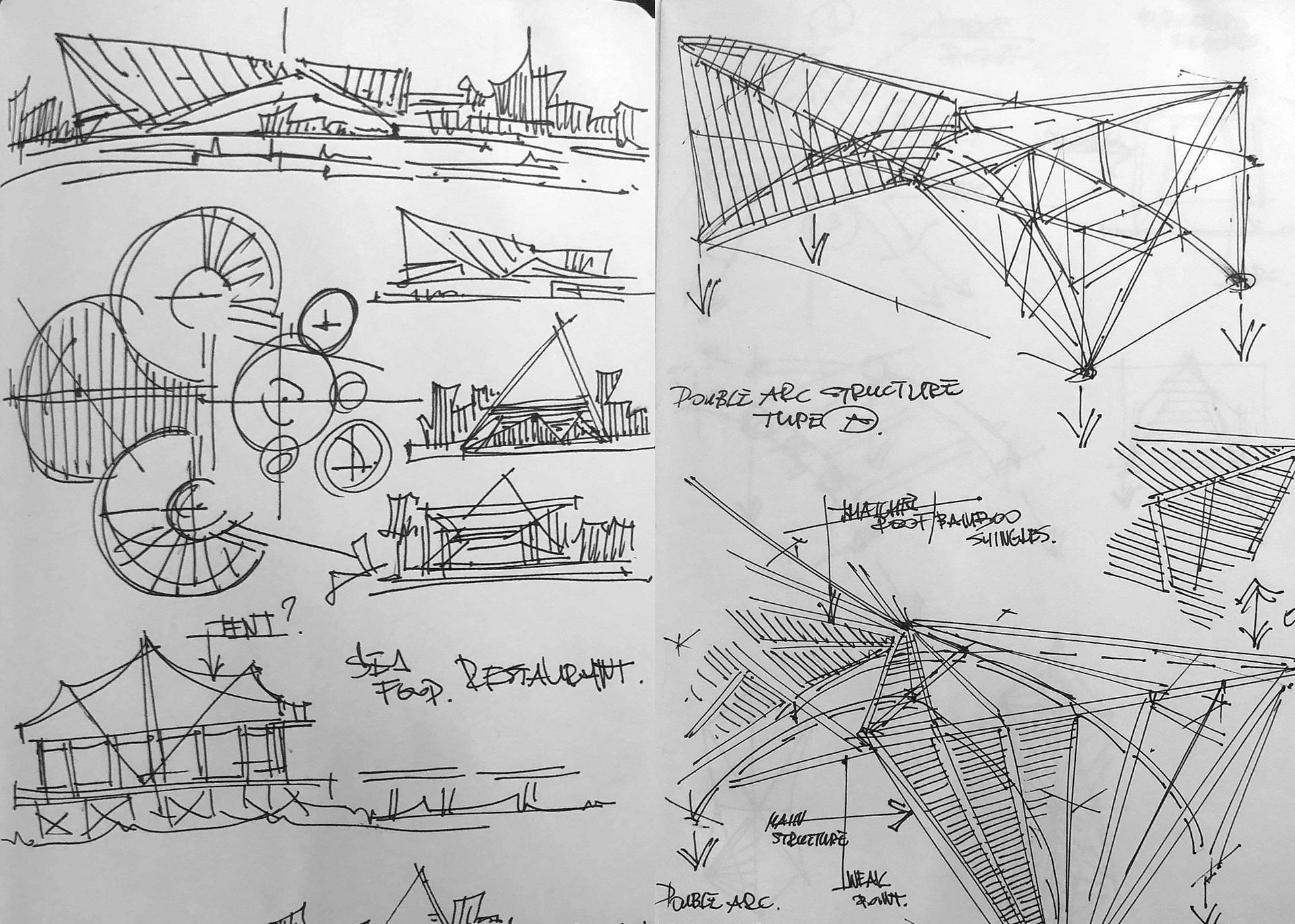 a couple of sketches of a building on a piece of paper .