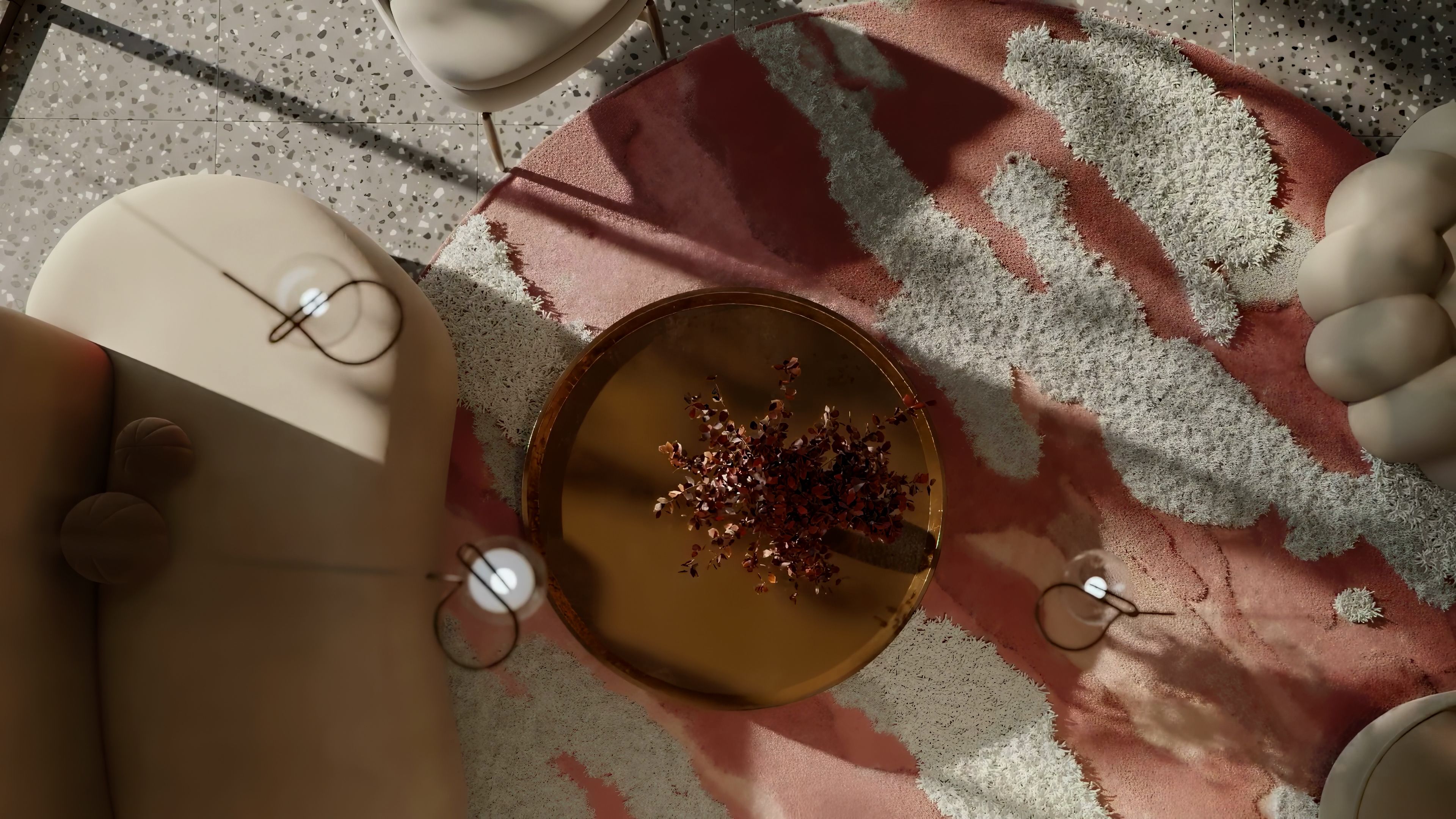 a bedroom with a bed , chair , mirror and large windows .