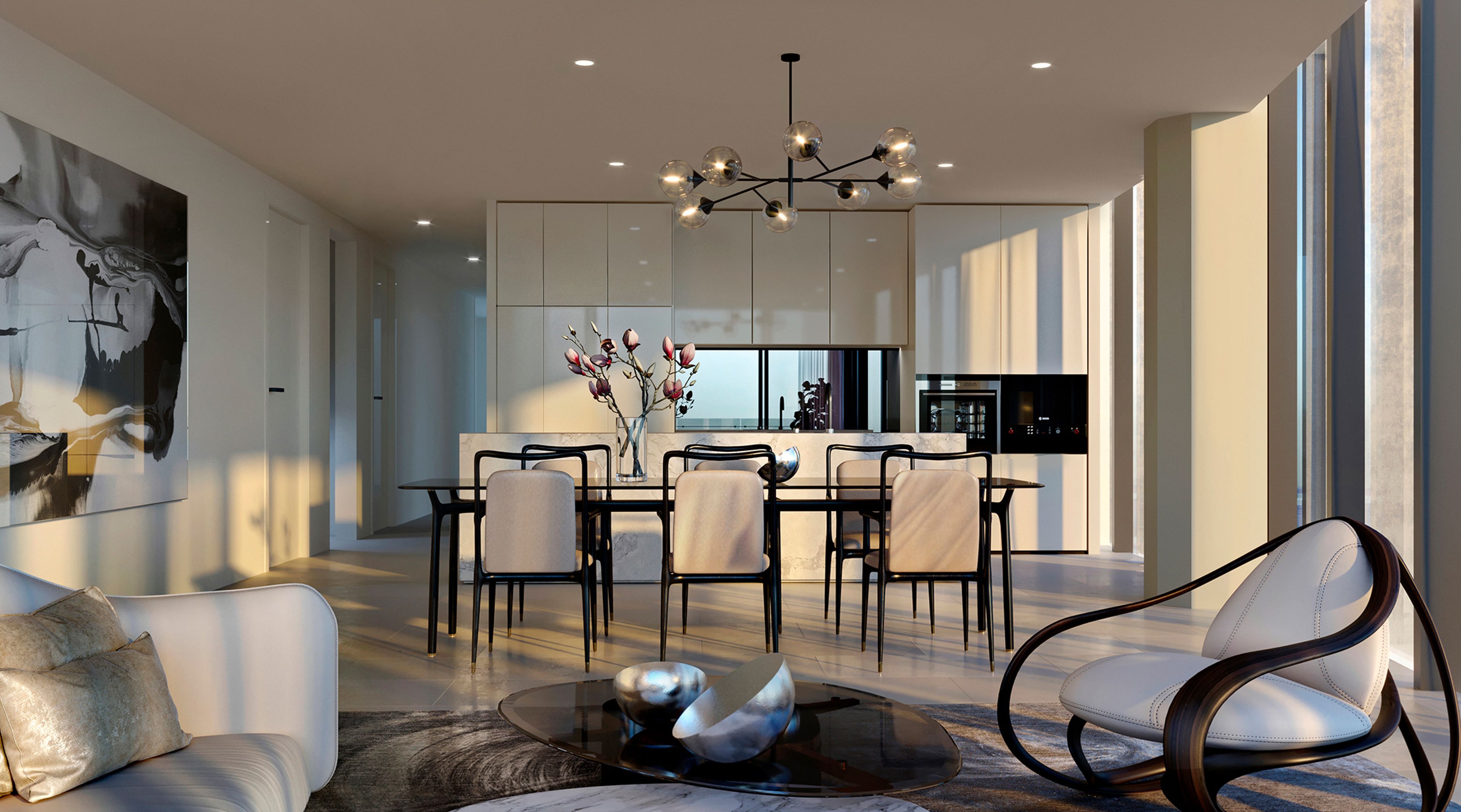 an artist 's impression of a living room and dining room in a modern apartment .