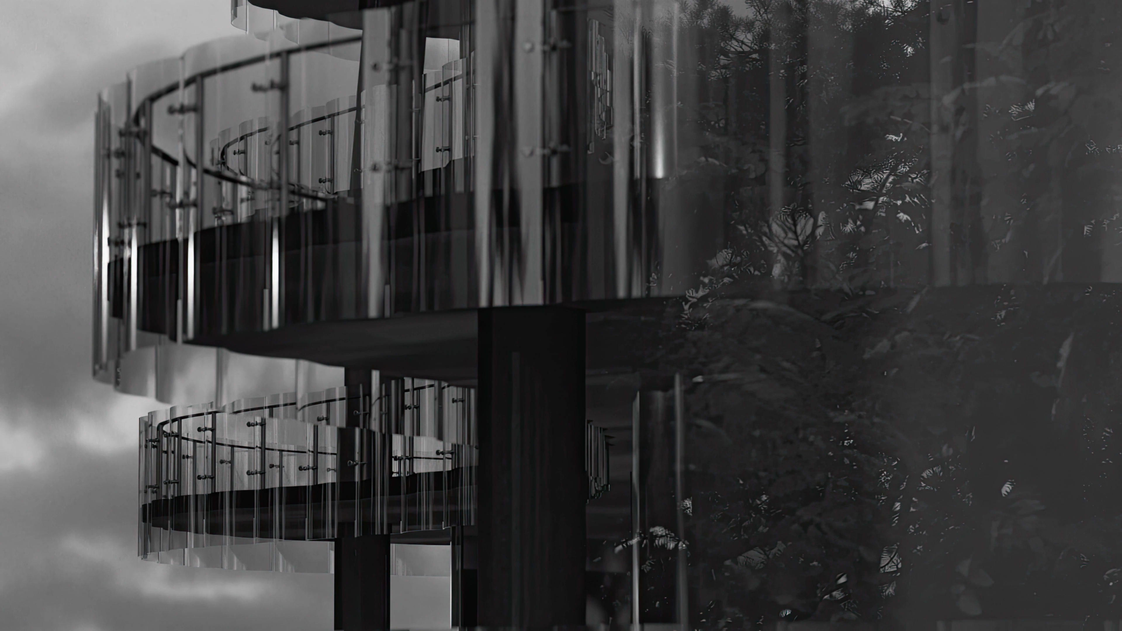 a kitchen with a black and white painting on the wall