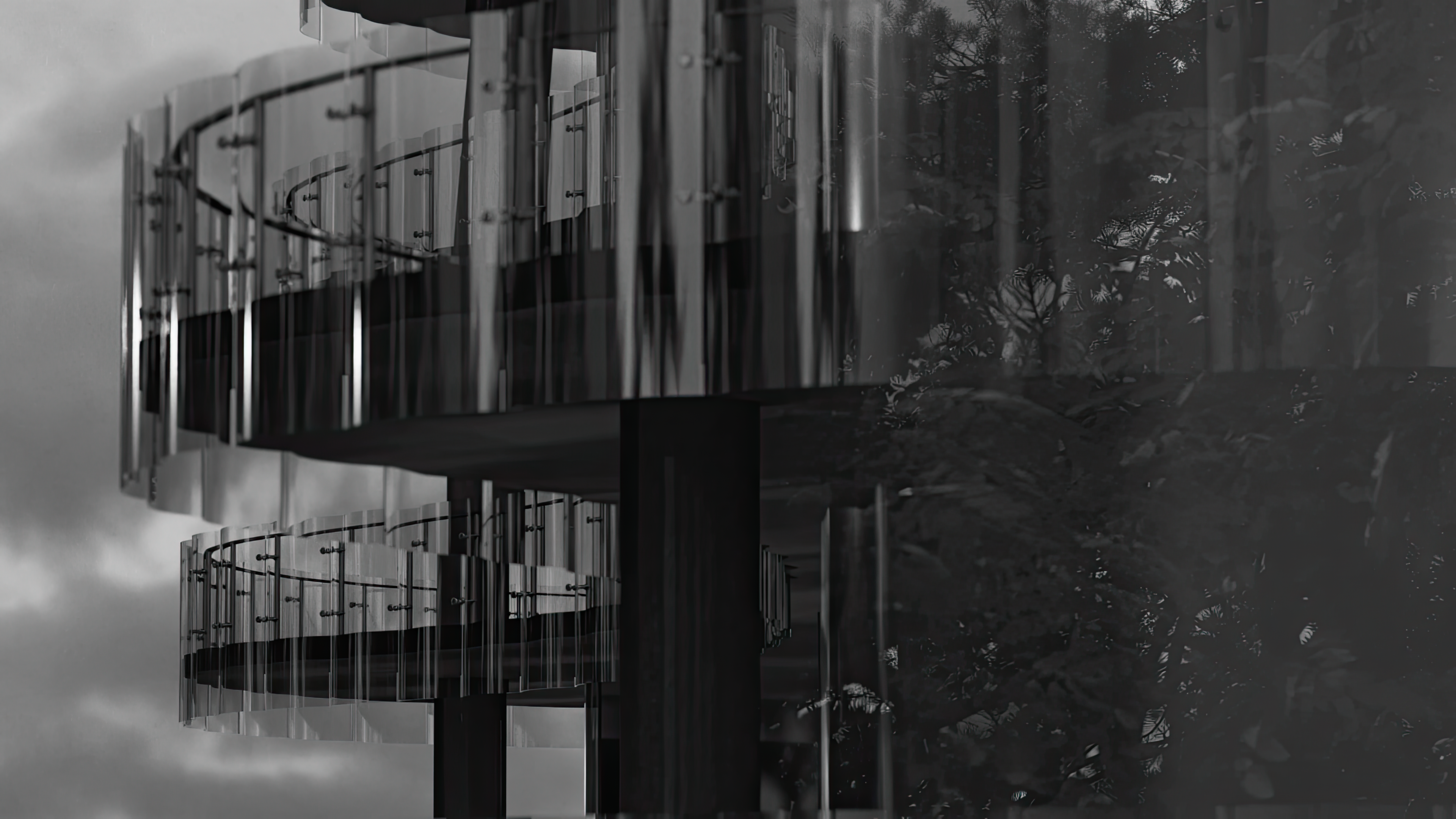 a kitchen with a black and white painting on the wall