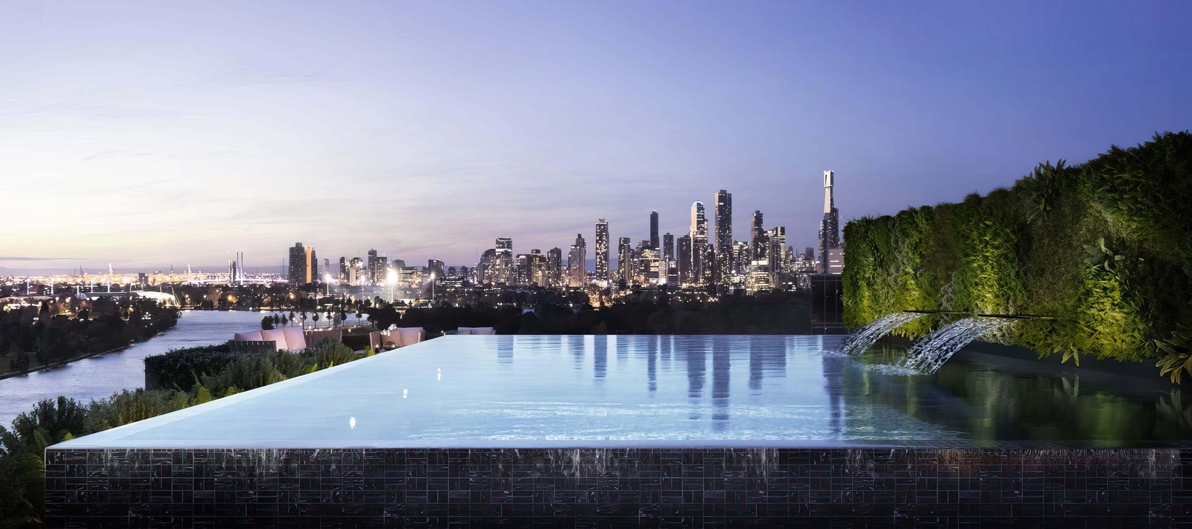 an artist 's impression of a city skyline with a river in the foreground .