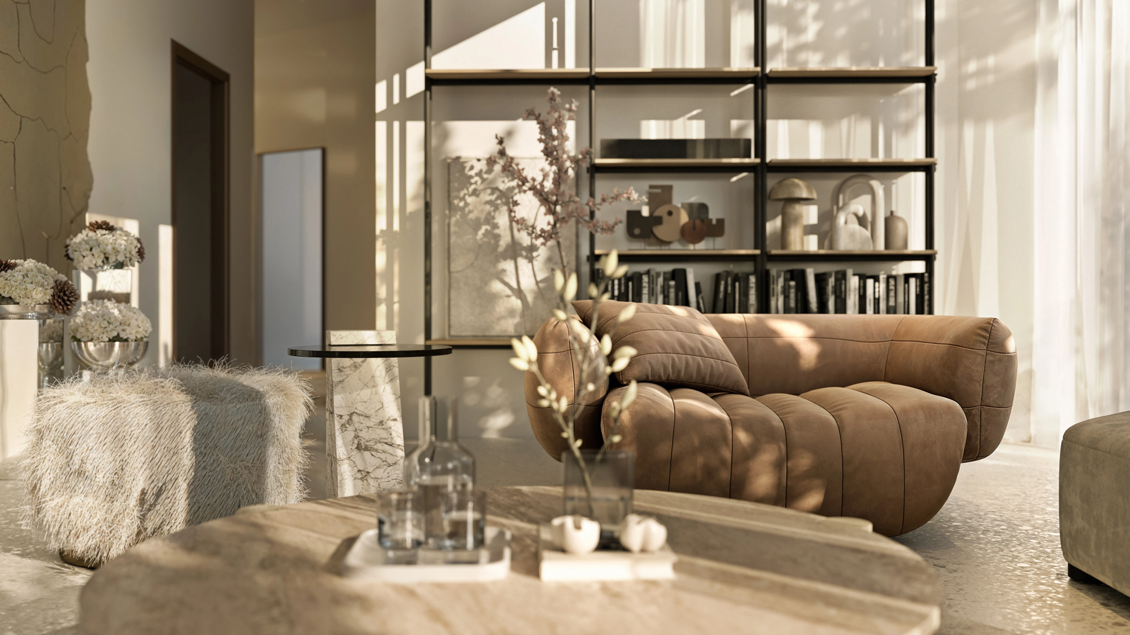 a bedroom with a bed , chair , mirror and large windows .