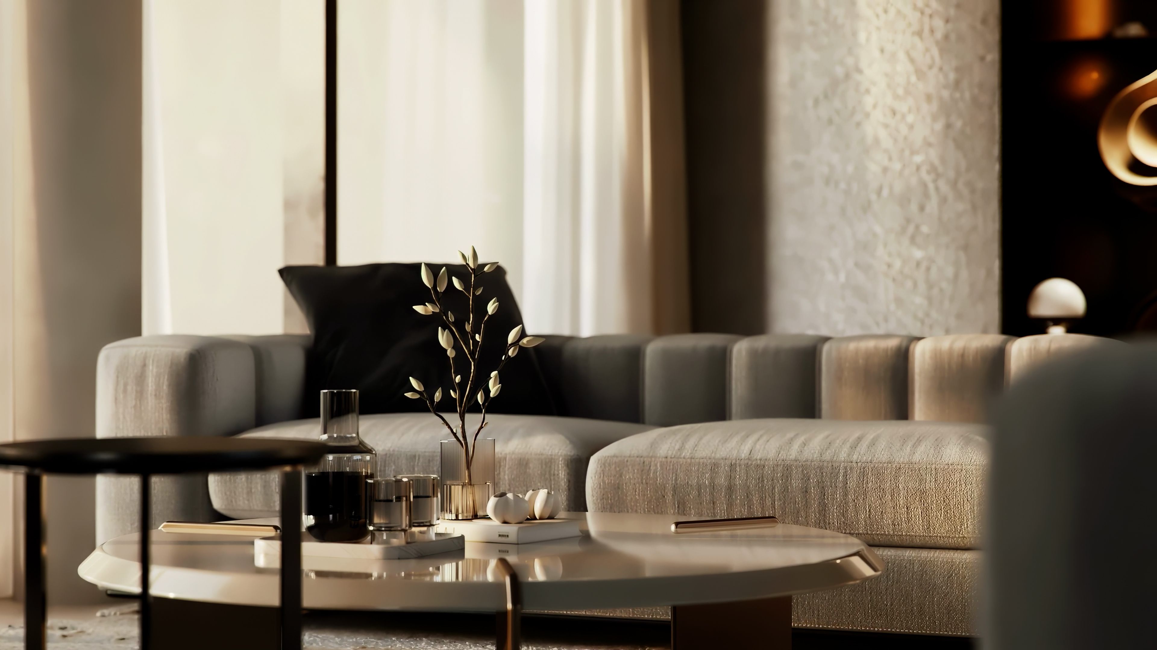 a bedroom with a bed , chair , mirror and large windows .