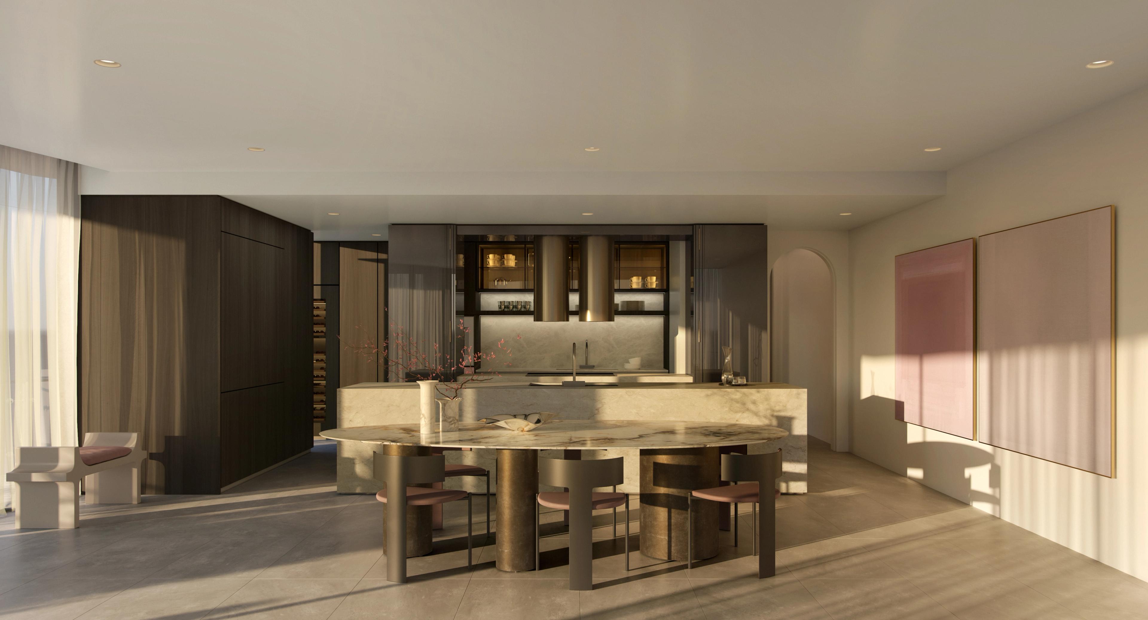 a kitchen with a black and white painting on the wall