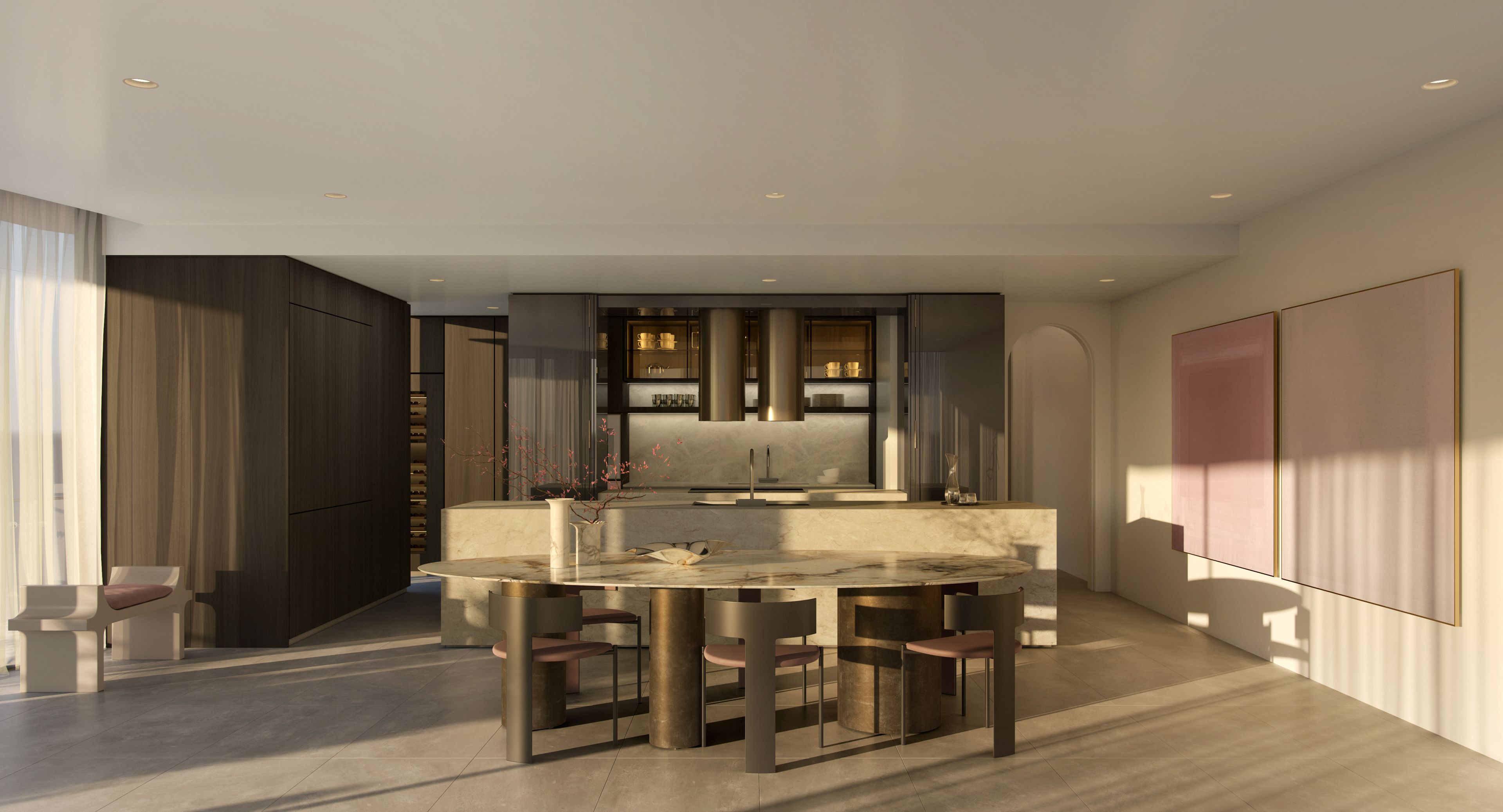 a kitchen with a black and white painting on the wall