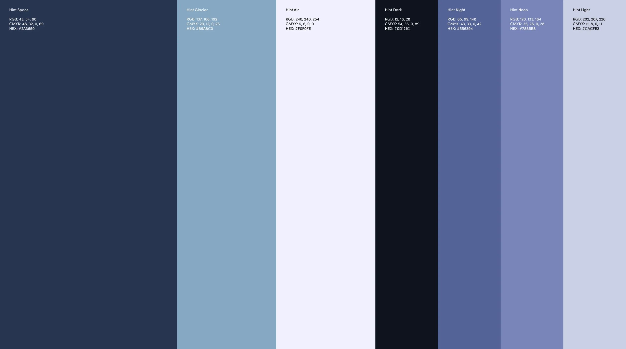 Horizontal color palette showing seven Hint brand colors with names, RGB, CMYK, and HEX codes, including Hint Space, Glacier, Air, Dark, Night, Noon, and Light.