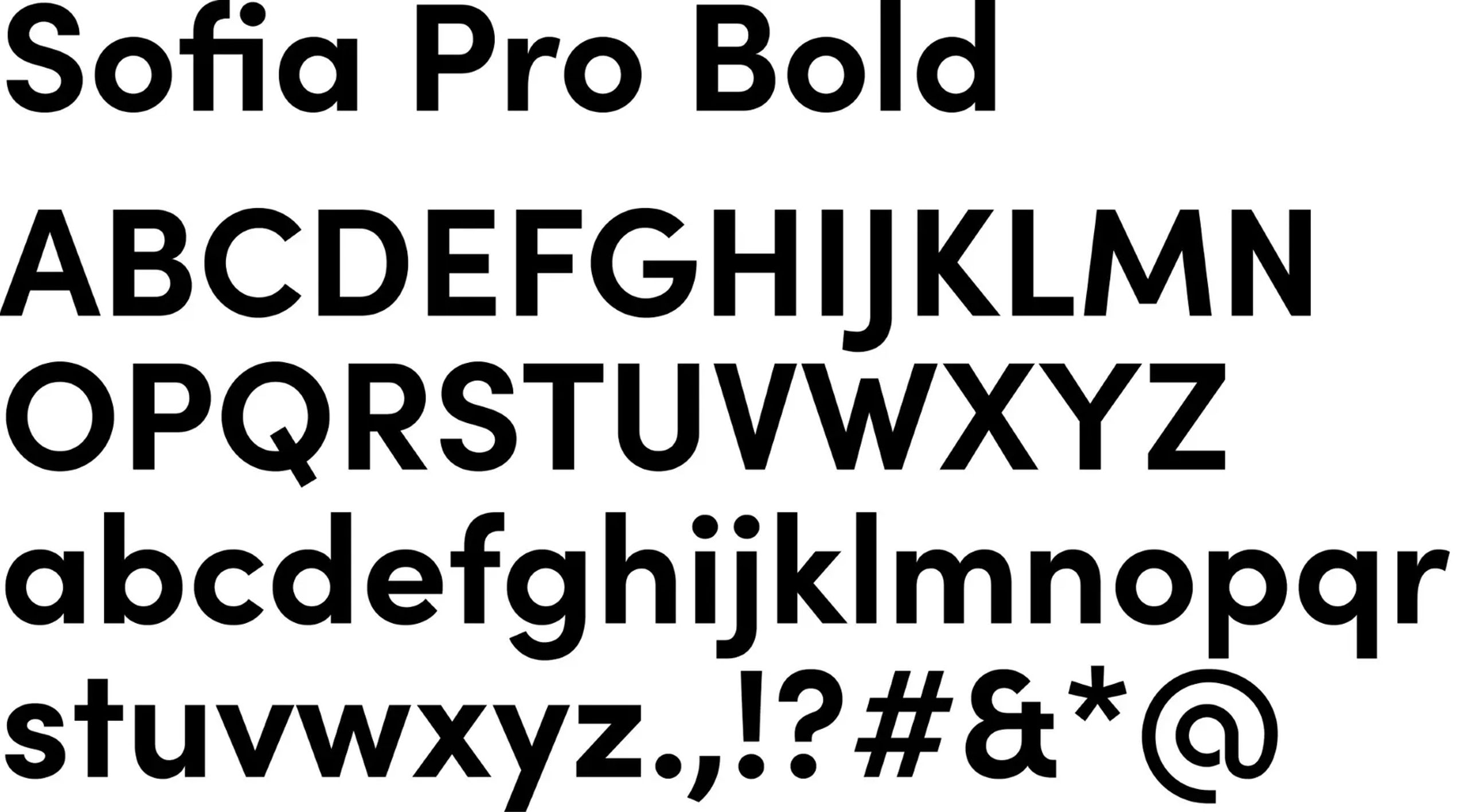 Character set samples of Sofia Pro Medium and Bold weights, showing uppercase, lowercase, and symbols in a clean, geometric sans-serif style on white background.