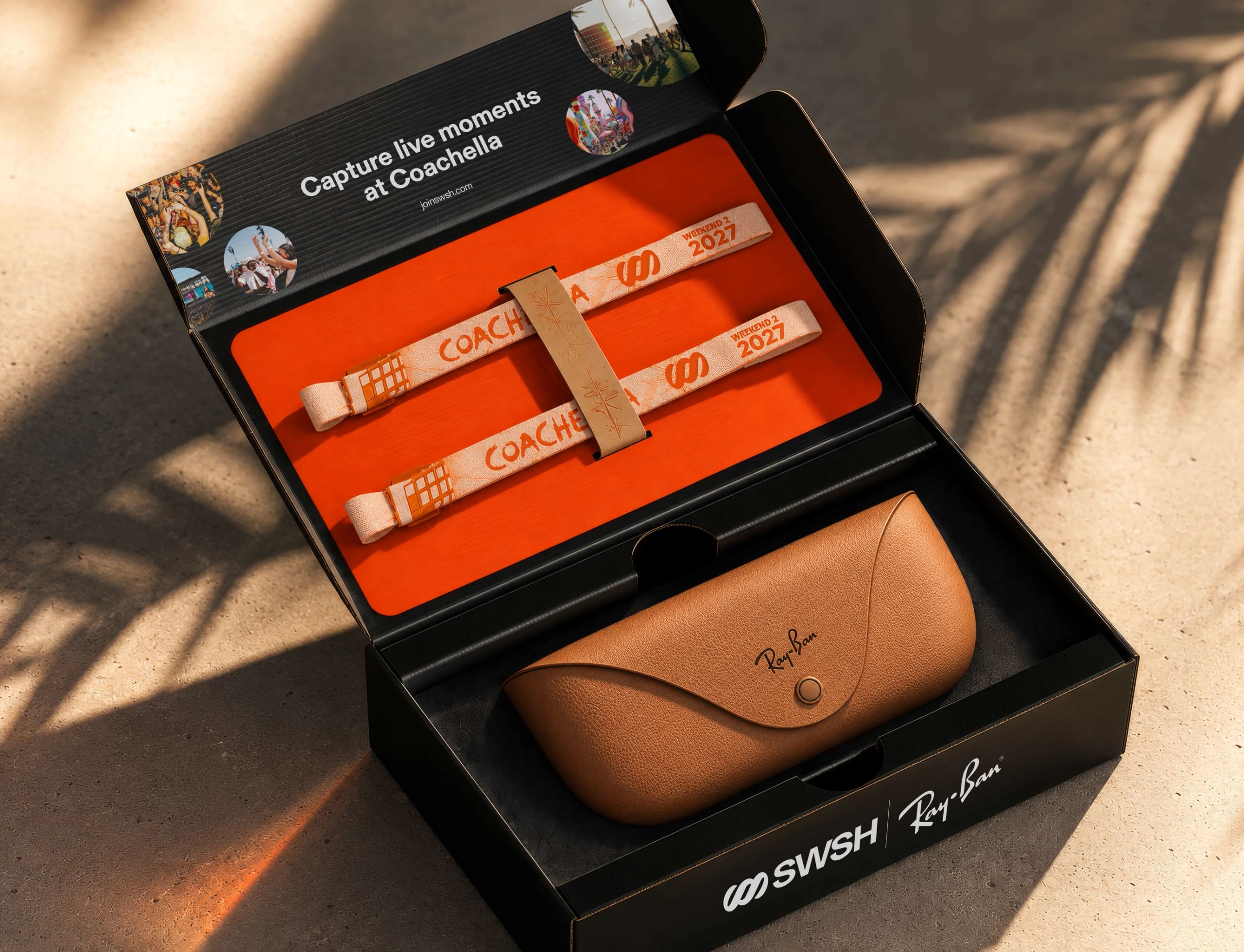 SWSH and Ray-Ban co-branded Coachella gift box, the two logos separated by a vertical divider. Inside are a tan Ray-Ban sunglasses case and two Coachella wristbands with the SWSH icon on an orange insert, under the line "Capture live moments at Coachella." Presentation mockup.