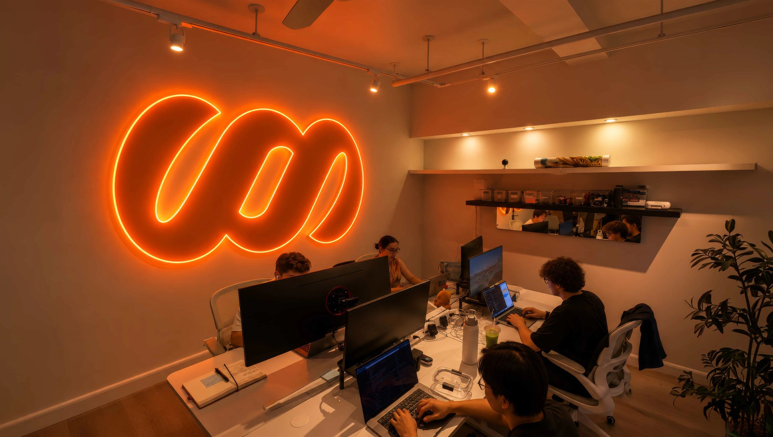 The SWSH icon as a large orange neon sign on an office wall, above a team working at their desks. Presentation mockup.