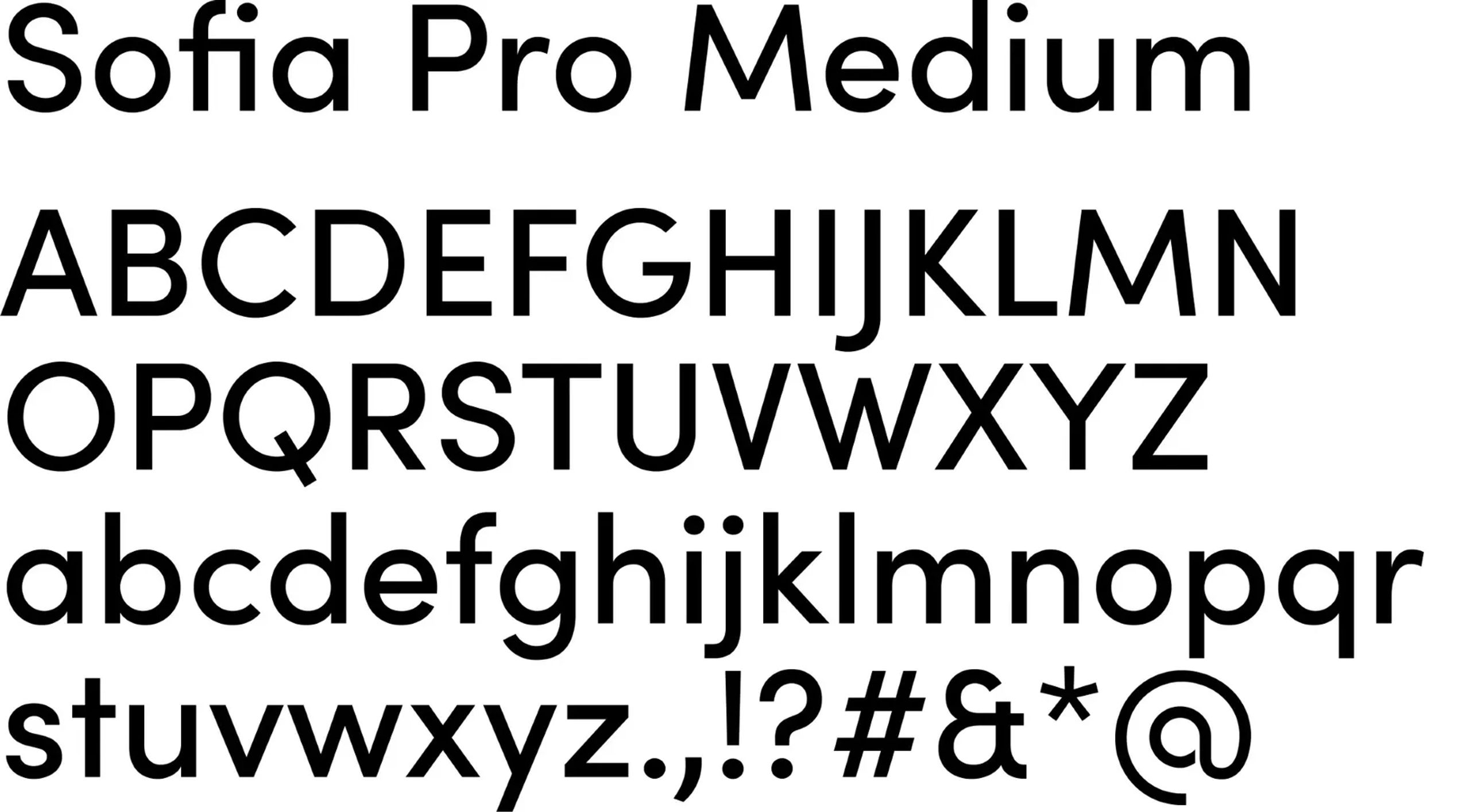 Character set samples of Sofia Pro Medium and Bold weights, showing uppercase, lowercase, and symbols in a clean, geometric sans-serif style on white background.
