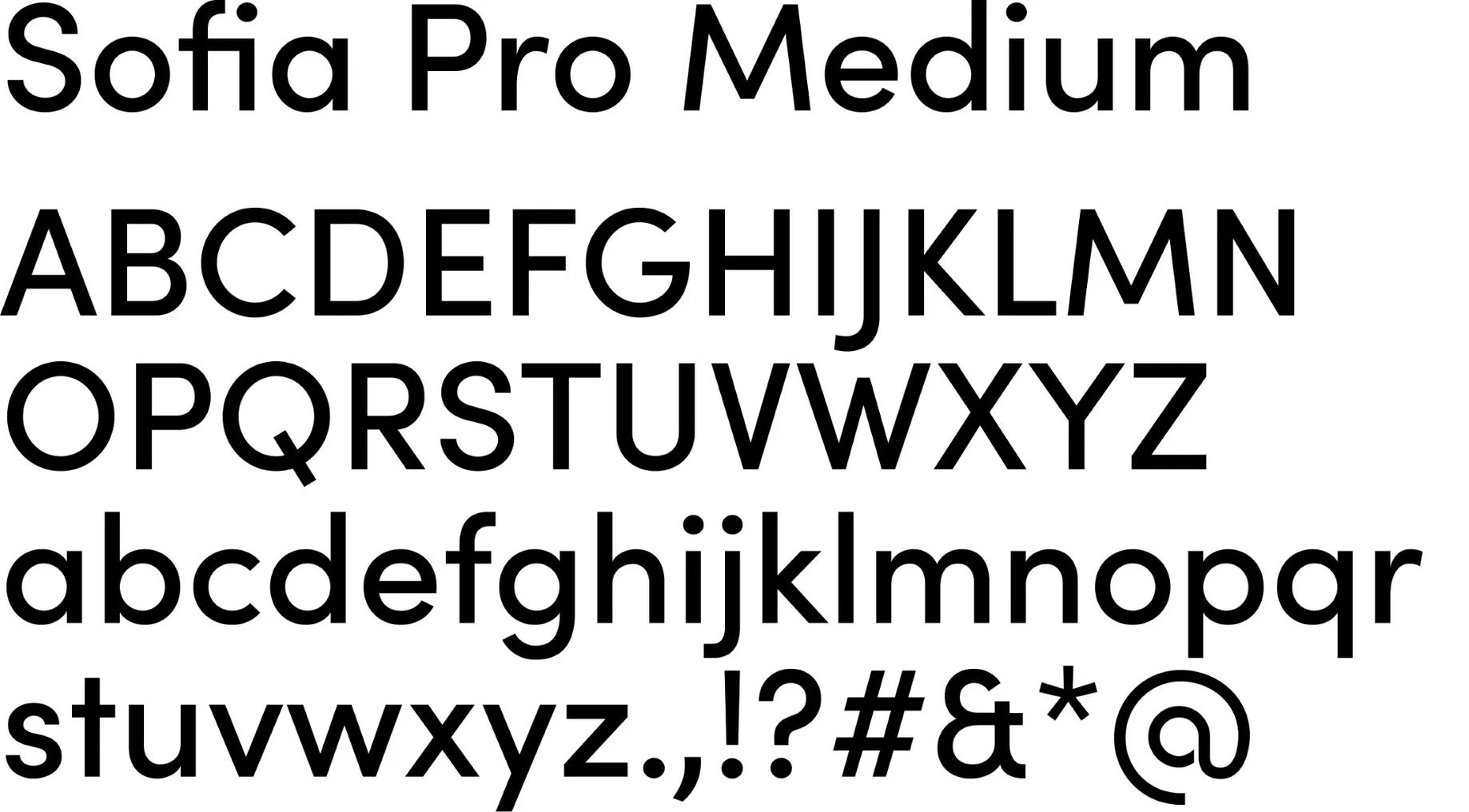 Character set samples of Sofia Pro Medium and Bold weights, showing uppercase, lowercase, and symbols in a clean, geometric sans-serif style on white background.