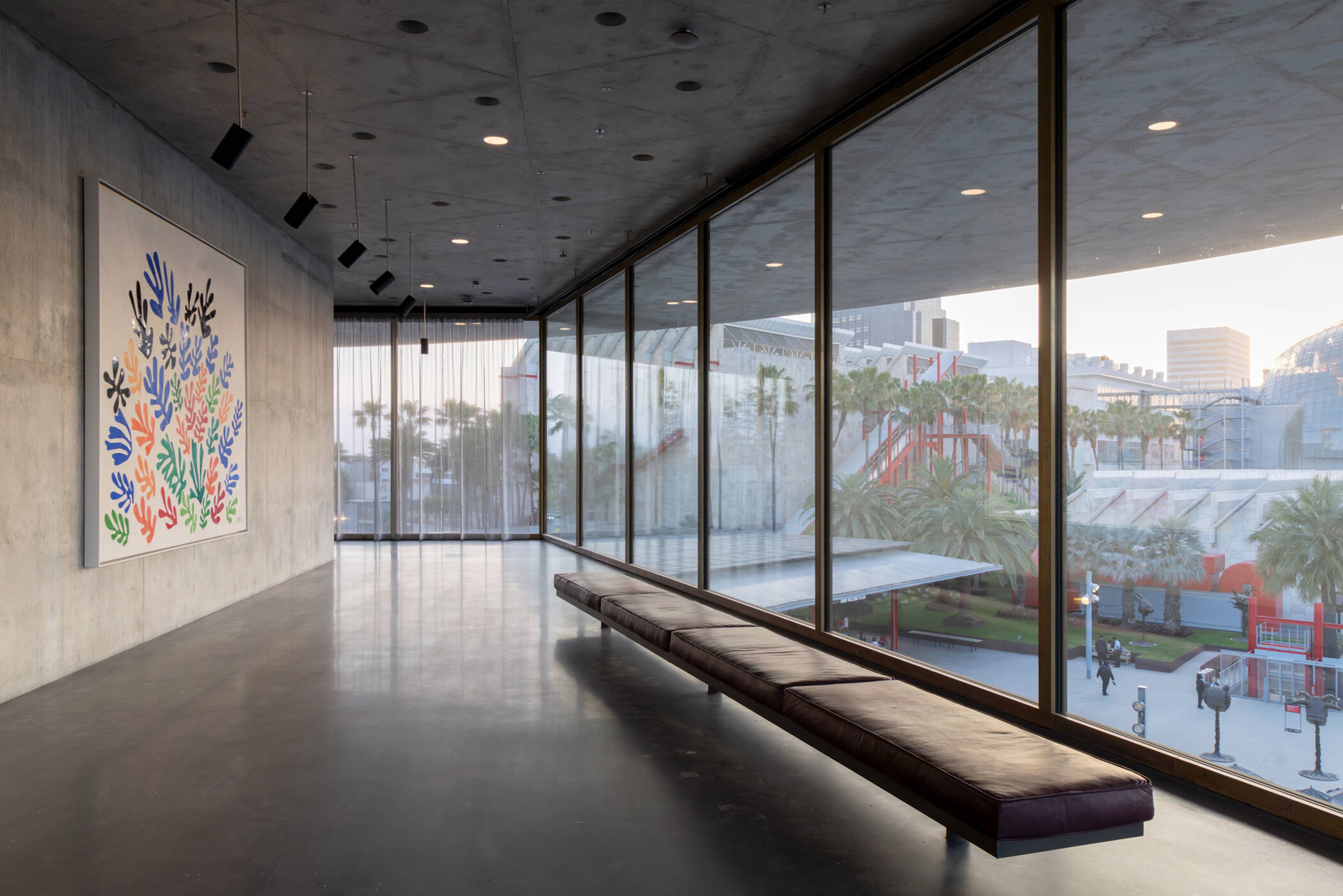 View southwest from exhibition level toward Resnick Pavilion and BCAM with Henri Matisse, La Gerbe, 1953 at left