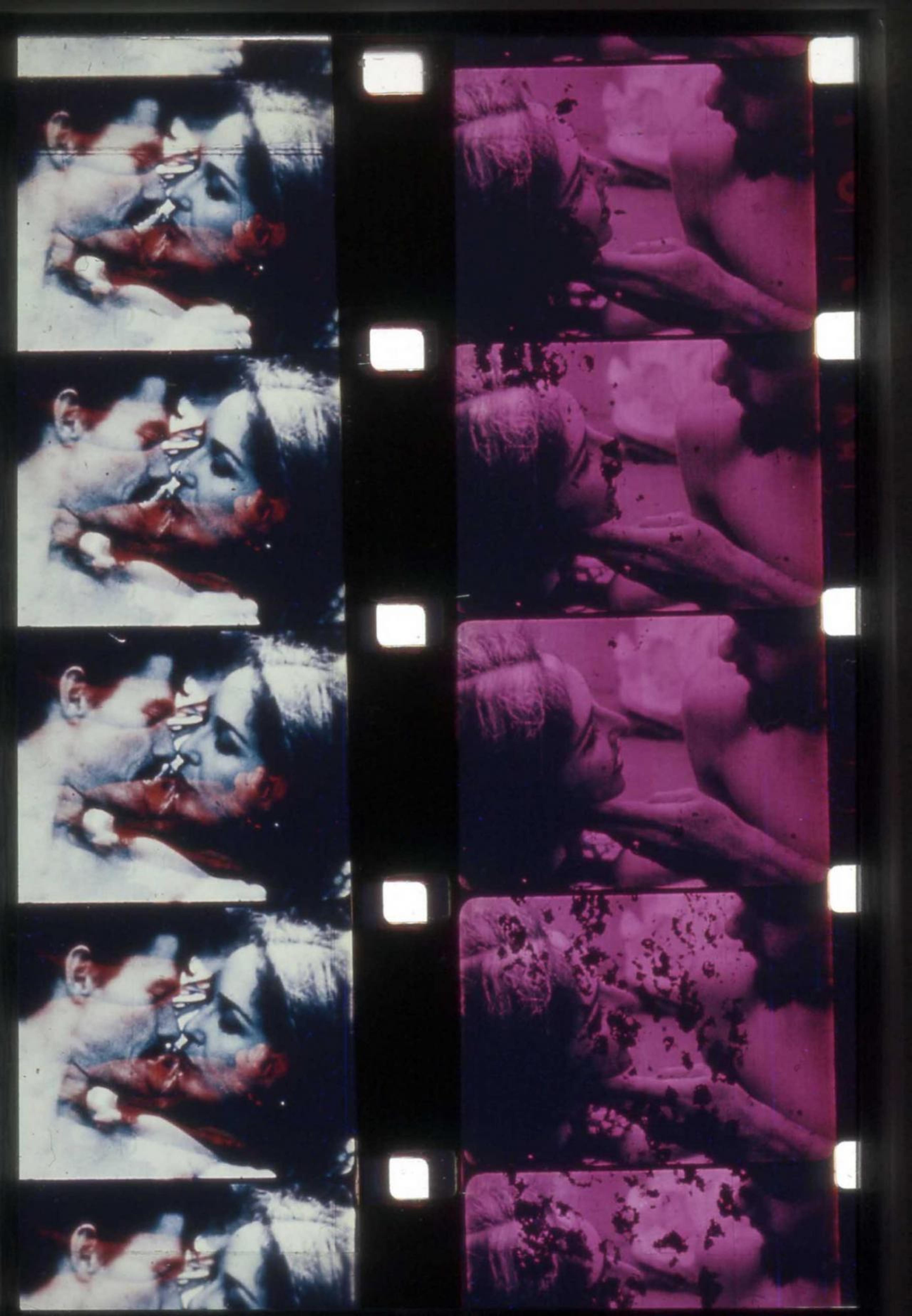 Carolee Schneemann, Two film strips from Fuses,1964&ndash;67, 16 mm film transferred to HD video, colour, silent, 29:51 min., Original film burned with fire and acid, painted and collaged; &copy; Carolee Schneemann Foundation / ARS, New York and DACS, London 2022