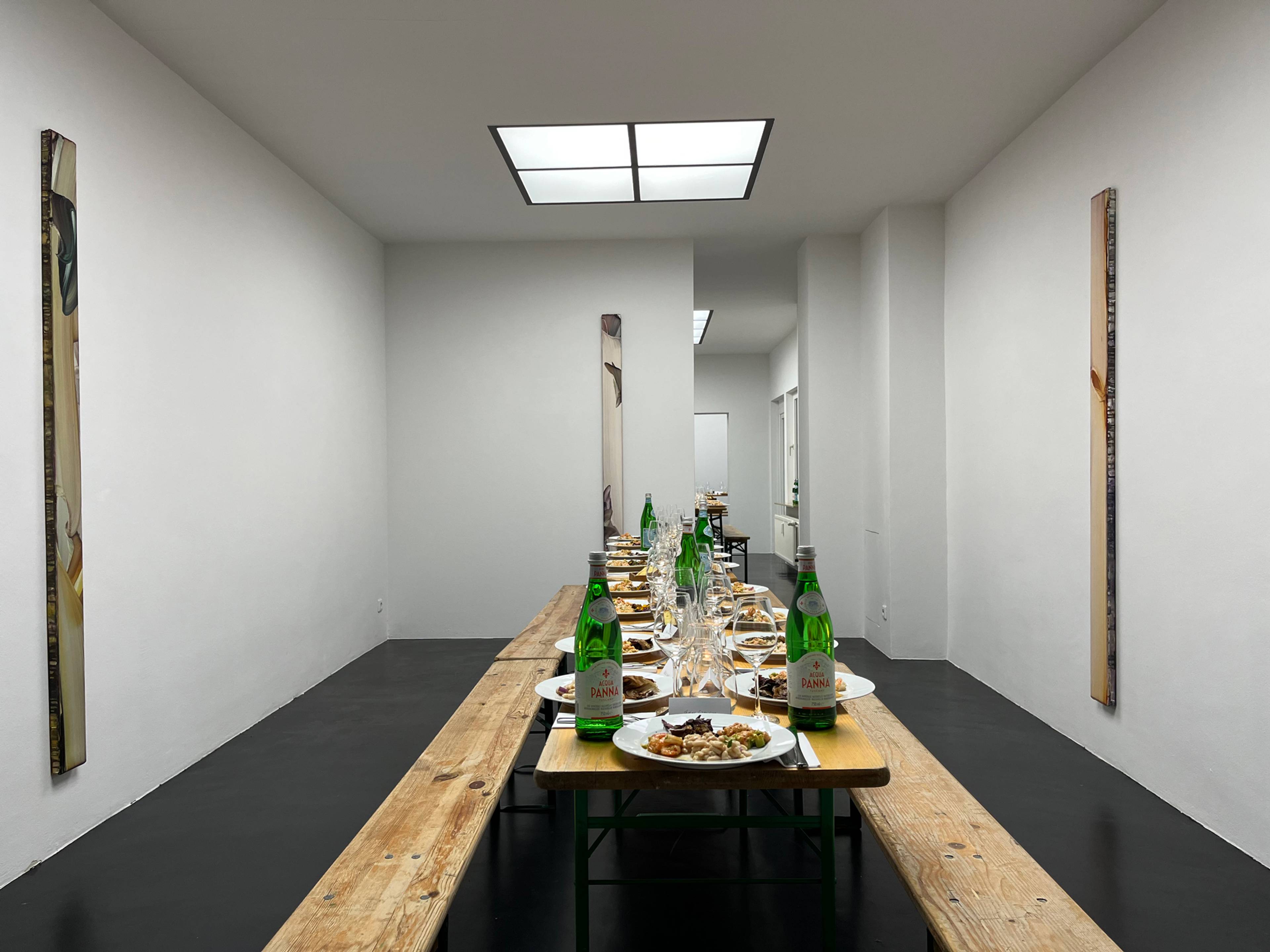 Dinner in Markus Saile’s exhibition “Everything Folds,” Drei, Cologne, 2024, with catering by Café Il Piacere