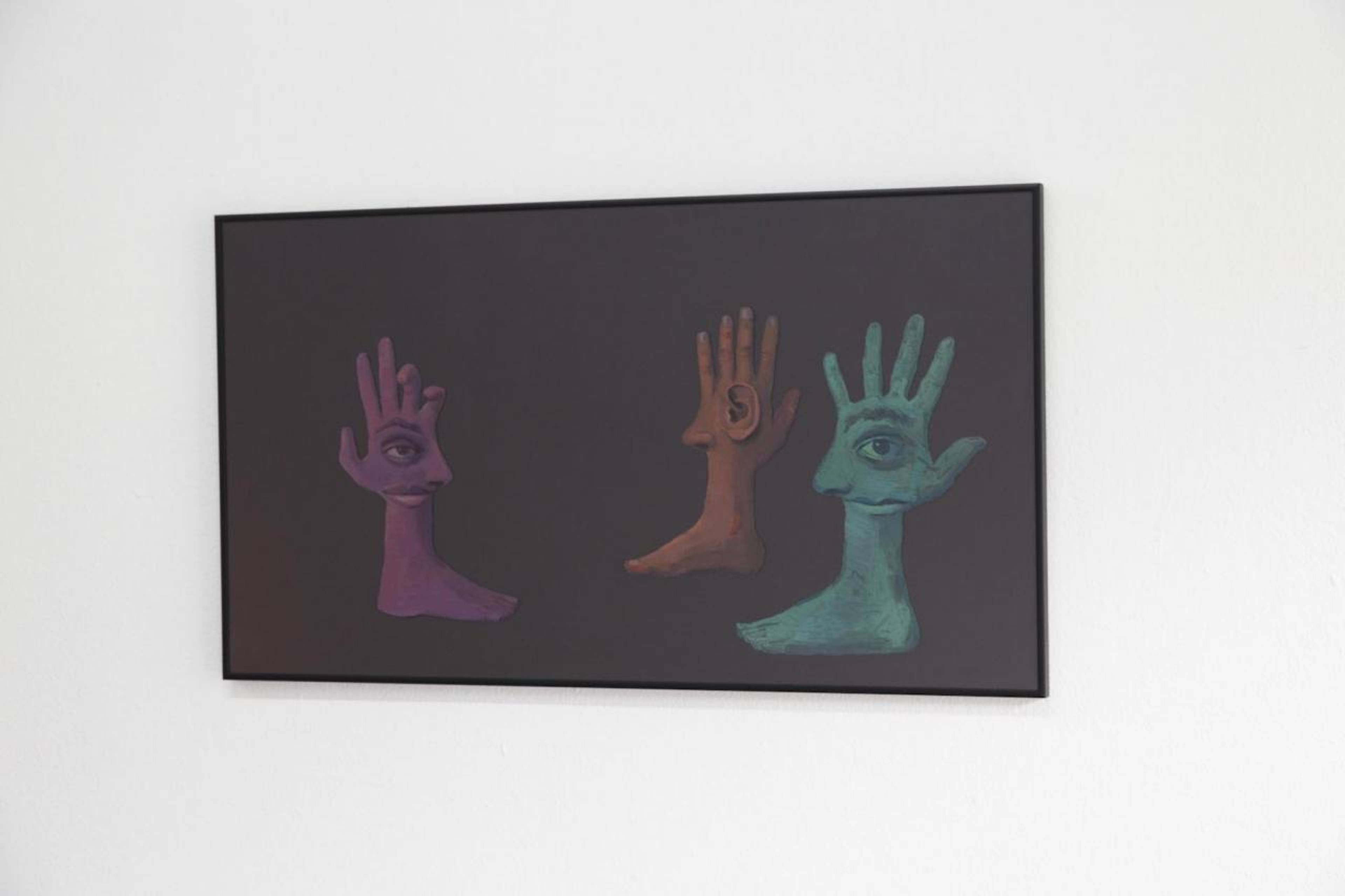 Lukas Posch Die Nerven (guests), 2017, Acrylic on glass, aluminium, wood, 46 x 82 cm