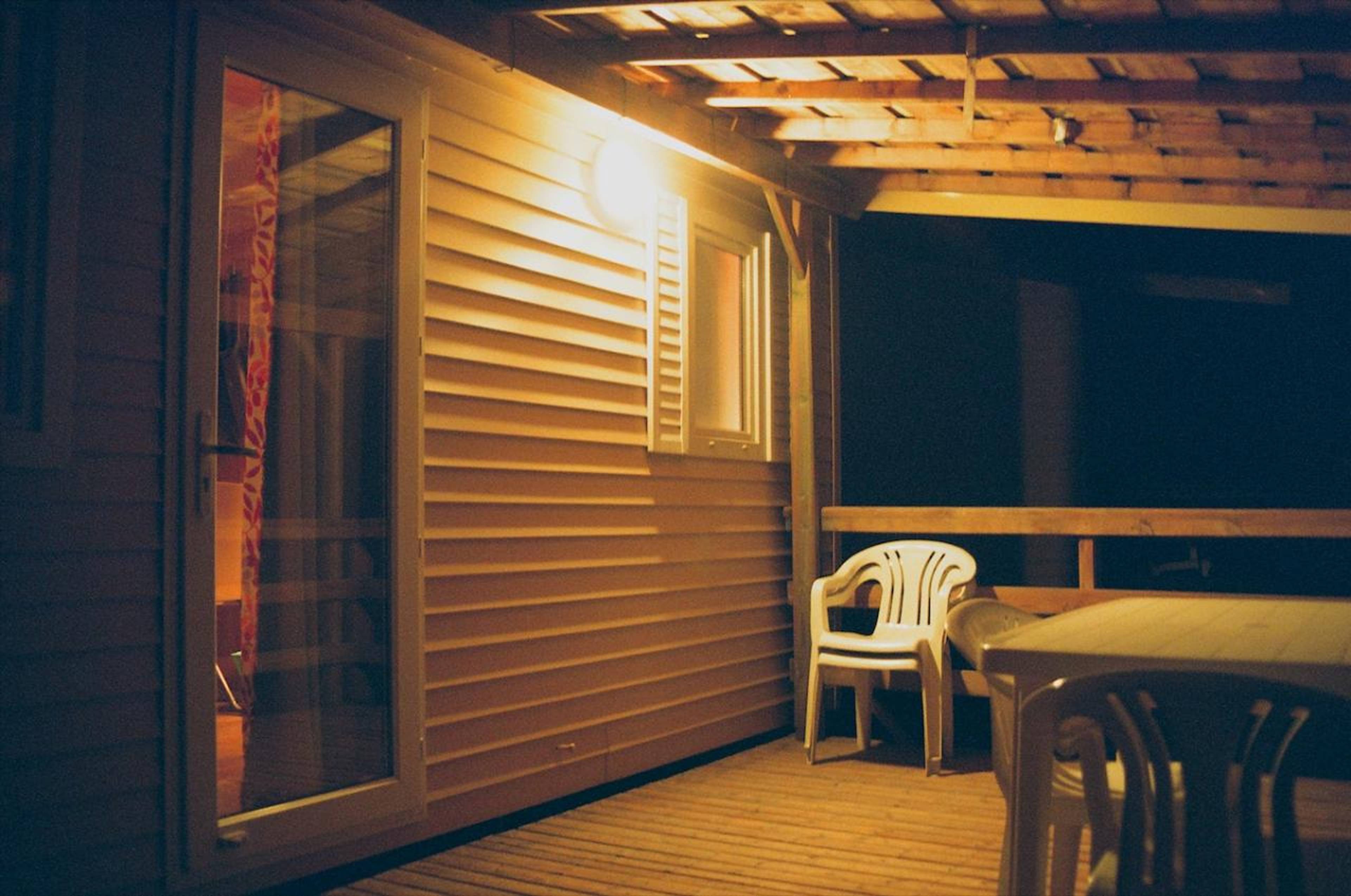 The author’s prefab mobile home, cozily arrayed on its campsite