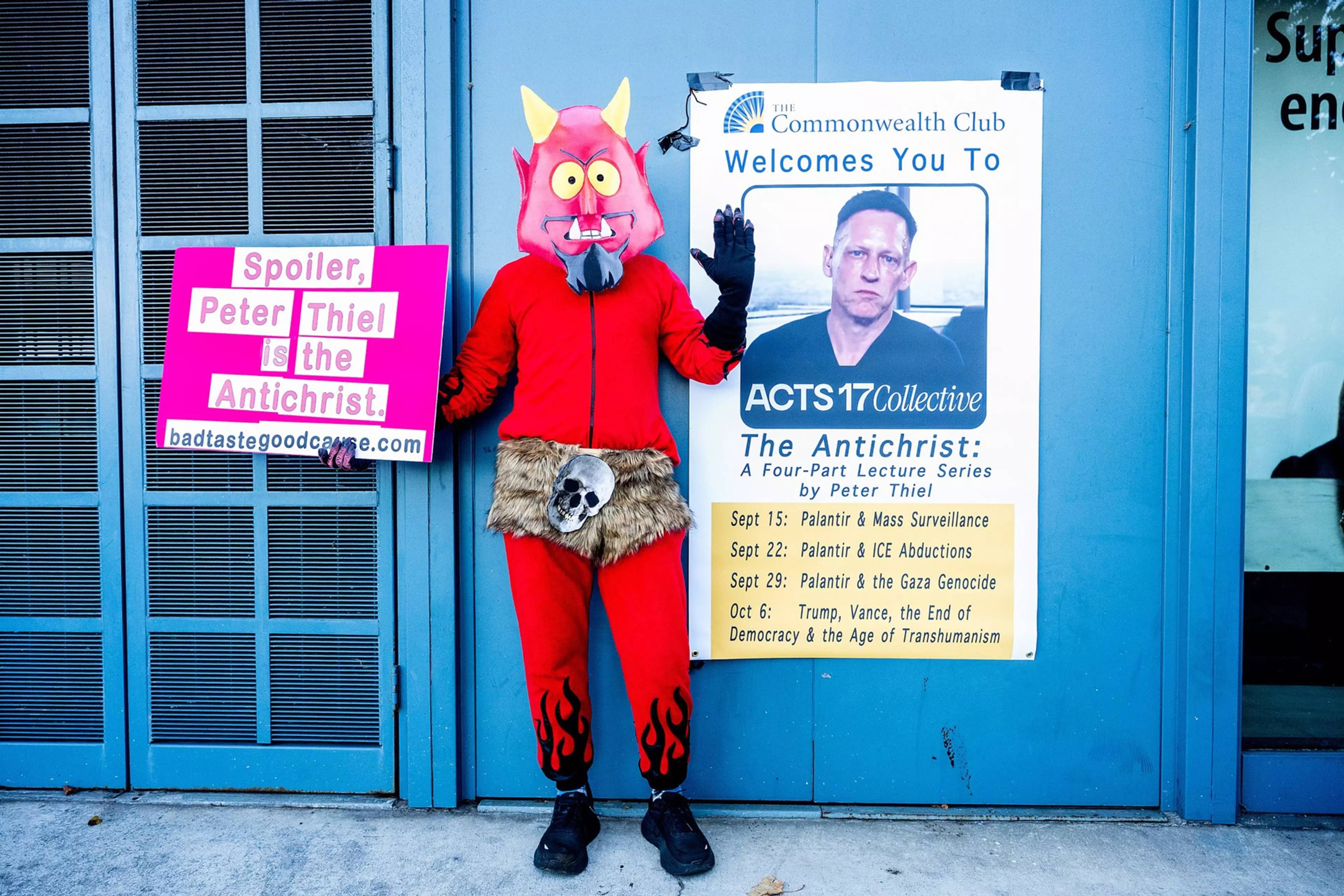 Protestor outside a lecture by tech entrepreneur Peter Thiel