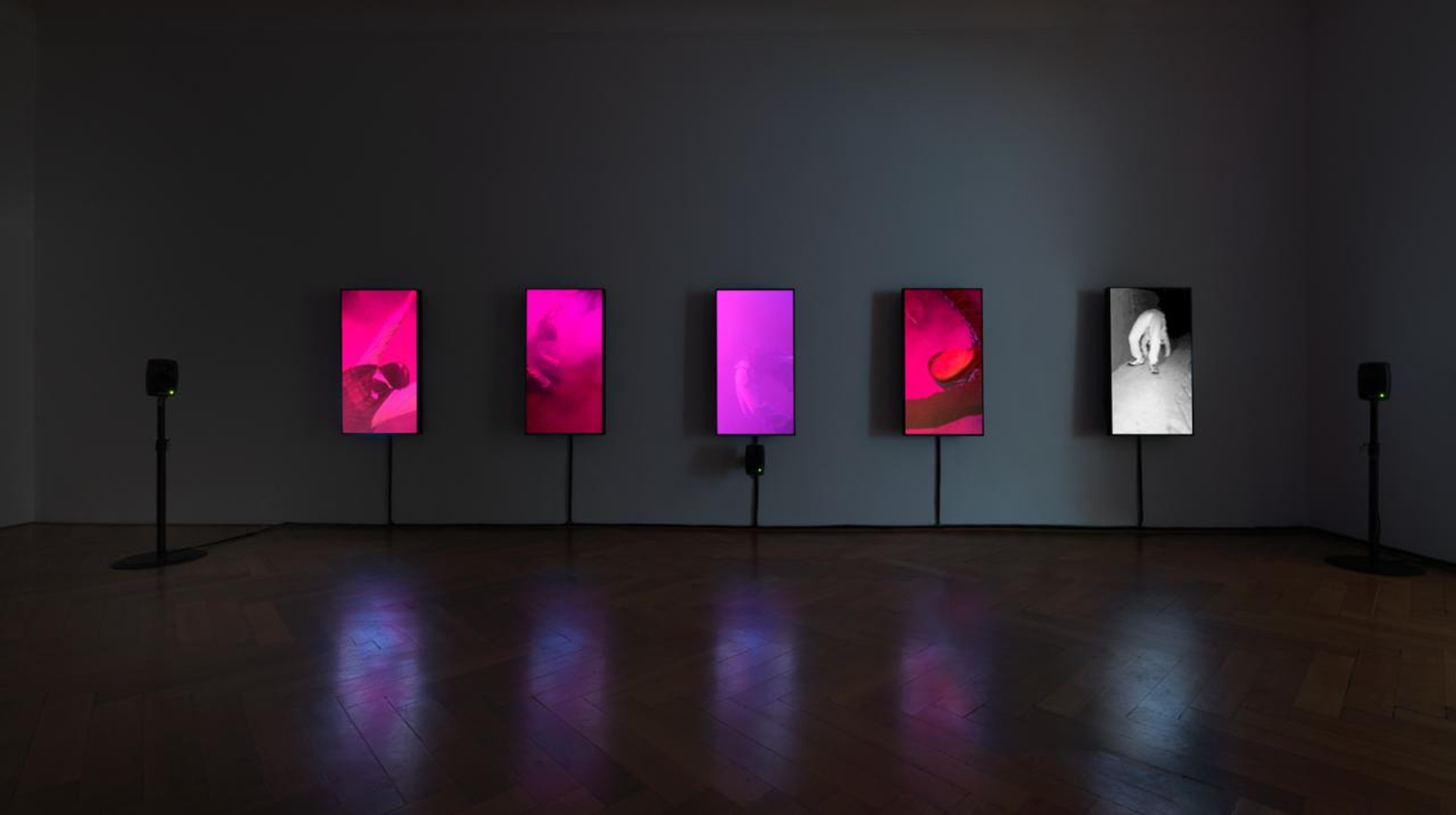 Mark Leckey, Under Under In (2019/2021). Multiscreen video installation. Installation view, Galerie Buchholz (2021).