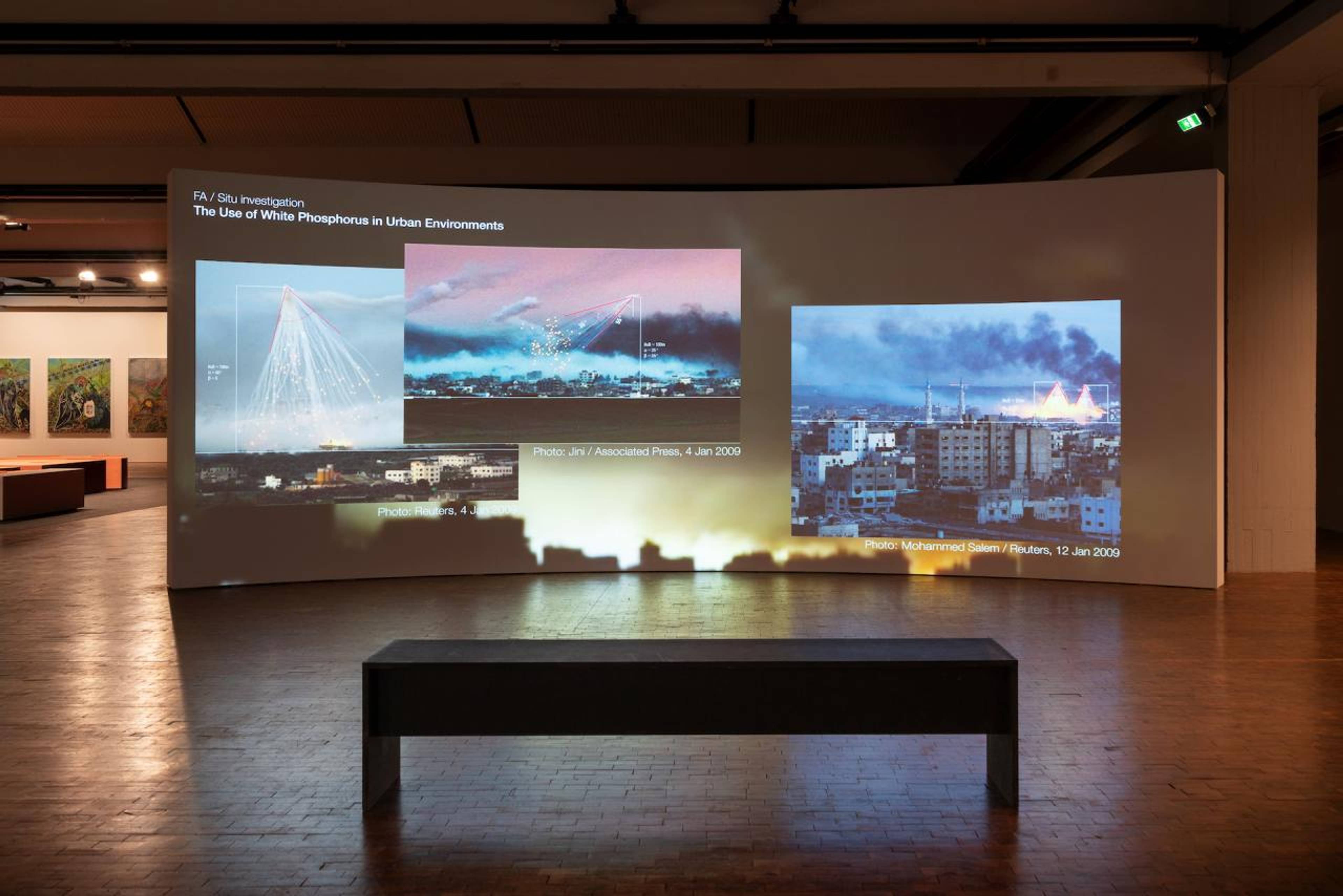 Forensic Architecture, Cloud Studies , 2022, two channel video installation, color, sound, 26:08. Installation view, 12th Berlin Biennale, Hamburger Bahnhof, 2022, Berlin. Photo: dotgain.info